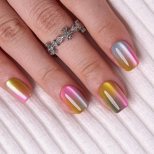 Curvlife 30pcs Press on Nails, Acrylic Fake Nail with Apricot Design, Full Cover False Nails Tips Glossy Nude Glue on Nails Artificial Stick on Nails for Women (multi-color cat eye nails, Medium)