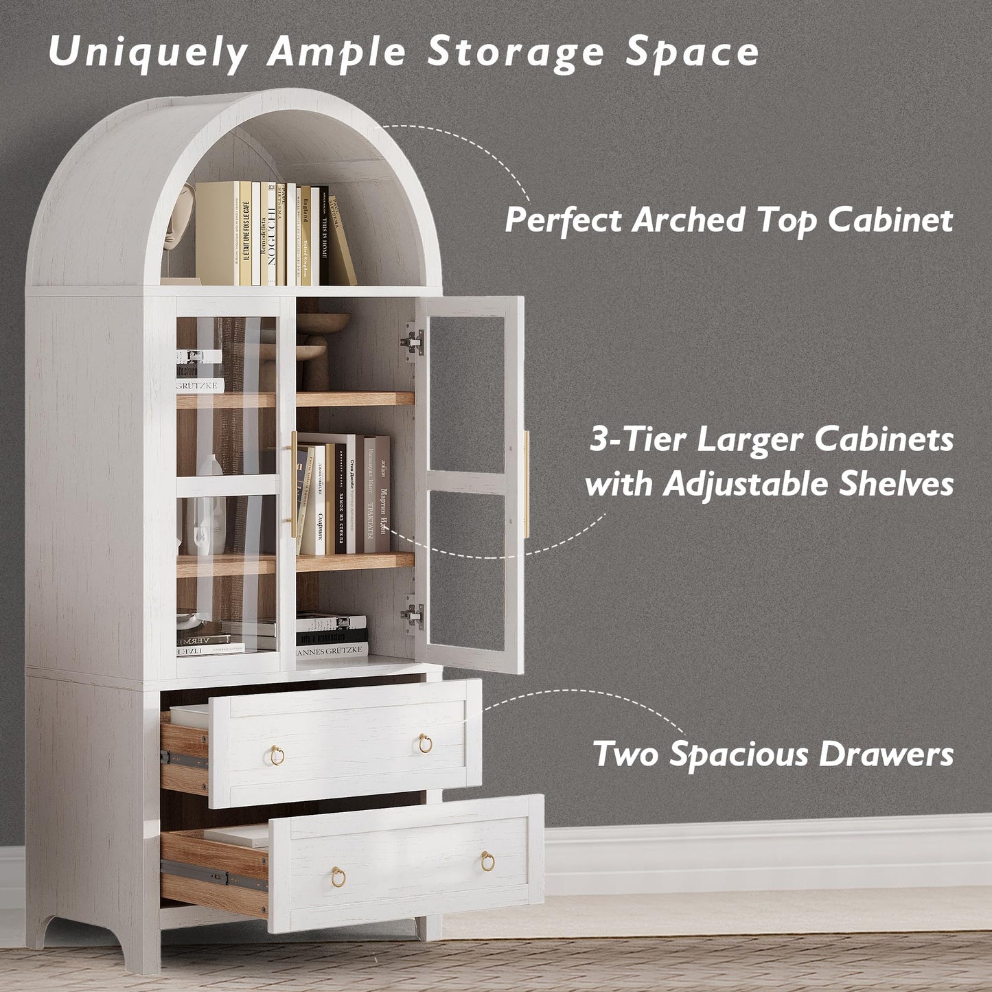 Erteliza 71" Farmhouse Arched Storage Cabinet with Glass Doors, Tall Arched Cabinet with Drawer, Adjustable Shelves & Door Racks, Modern Kitchen Pantry Cupboard, White