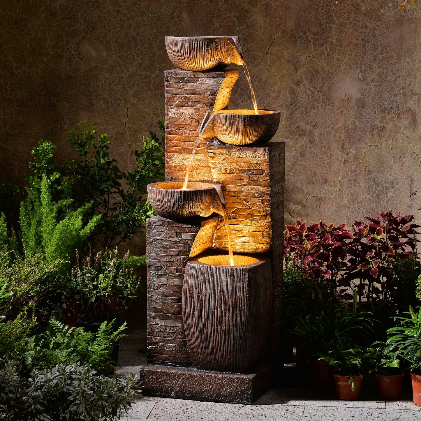 KAISOKU 38.2" Tall Outdoor Water Fountain,Stone Texture Modern 4 Tiers Cascading Bowls Garden Fountains Outdoor,Suit for Patio, Deck, Porch, Lawns, Backyard and Home Art Decor