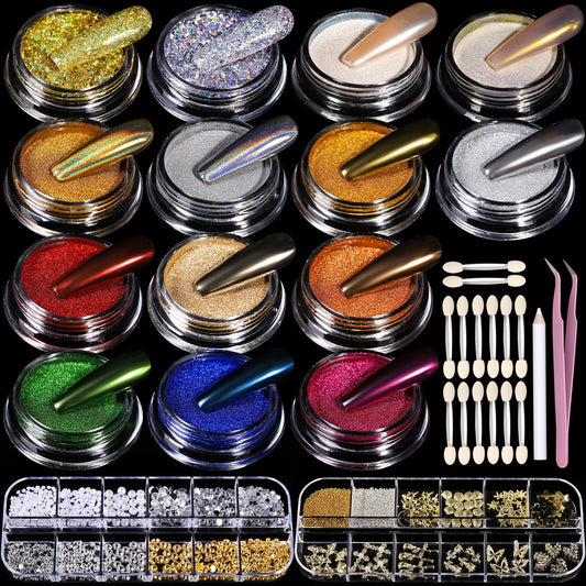 Teenitor Chrome Nail Powder Kit, 14 Pots Nail Chrome Powder with Nail Charms and Gems, Gold Chrome Nail Powder, Silver Red Mirror Effect Crome Powder for Gel Nails, Nail Supplies Nail Design Tools