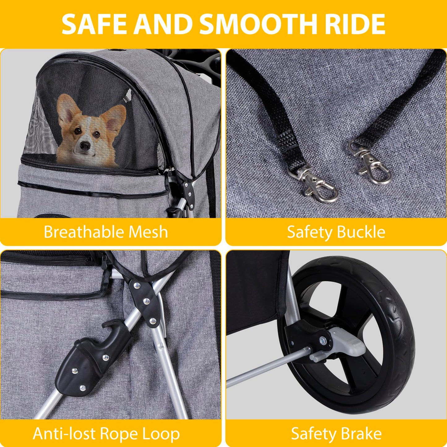 Pet Stroller 4 Wheels Dog Cat Stroller for Small Medium Dog Cats Carrier Jogger Travel Foldable Puppy with Storage Basket and Cup Holder (Grey)