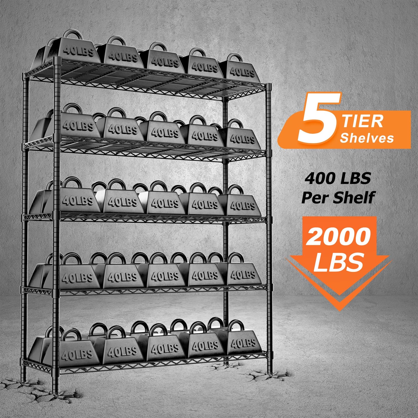 Storage Shelves Heavy Duty, 45" W x 20" D x 72" H Garage Shelving Unit Loads 2000LBS, 5-Tier Adjustable Metal Utility Rack, Wire Shelf for Kitchen, Laundry Room, Pantry, Warehouse, Basement