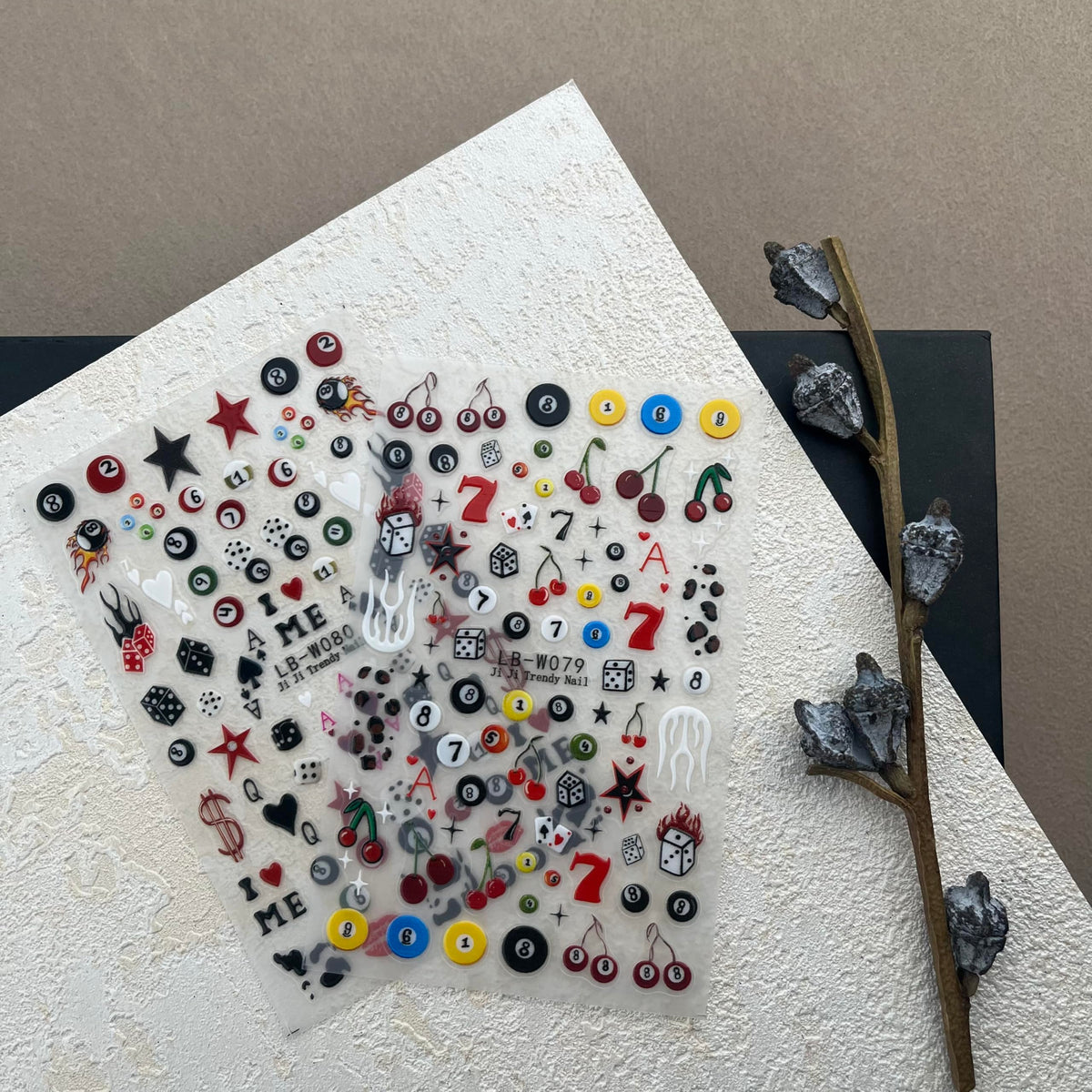 SIMAYKUWA 3D Nail Stickers for Pool & Dice Design - Cartoon Style Press-on Nail Art Decals (2 Sheets) - Cute Textured Manicure DIY Accessories