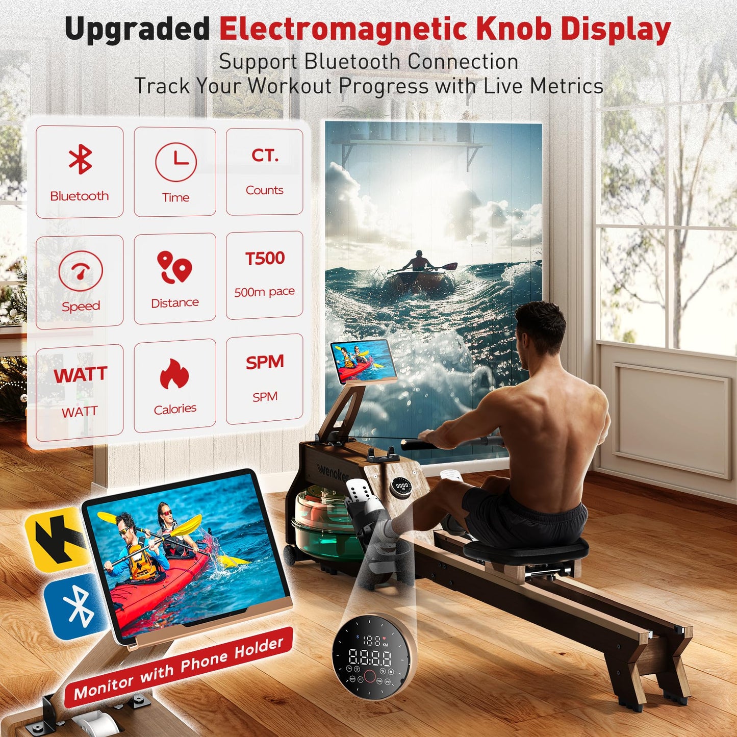 WENOKER Water Rowing Machines for Home Use, Rower Machine with Smart Electronic Knob,Wooden Row Machine with LCD Monitor & Comfortable Seat, Bluetooth App Compatible for Home Gym Exercise 350 LBS