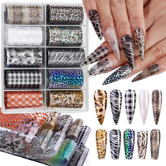 10 Rolls Nail Art Foils Transfer Stickers, Butterfly Plaid Snake Leopard Lace Nail Decals for Acrylic Gel Nails, Holographic Nail Foil Sticker Transfers Supplies for Women Manicure Tips Pegatinas Uñas