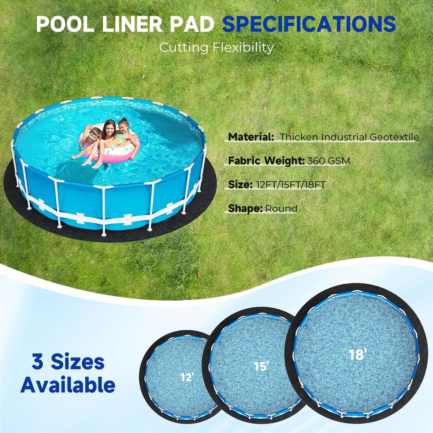 Uyittour 18Ft Round Pool Liner Pad for Above Ground Pools, 360G/M² Extra Thick Heavy Duty Under Pool Mat, Seamless Puncture Resistant Geotextile Fabric Ground Padding, Extends Liner Life, Black