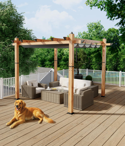 GarveeLife 10 x 10 ft Wood-Grain Aluminum Pergola OutdoorGazebo with Retractable Canopy Sun Shade Shelter for Garden, Patio, Backyard, Deck - Grey