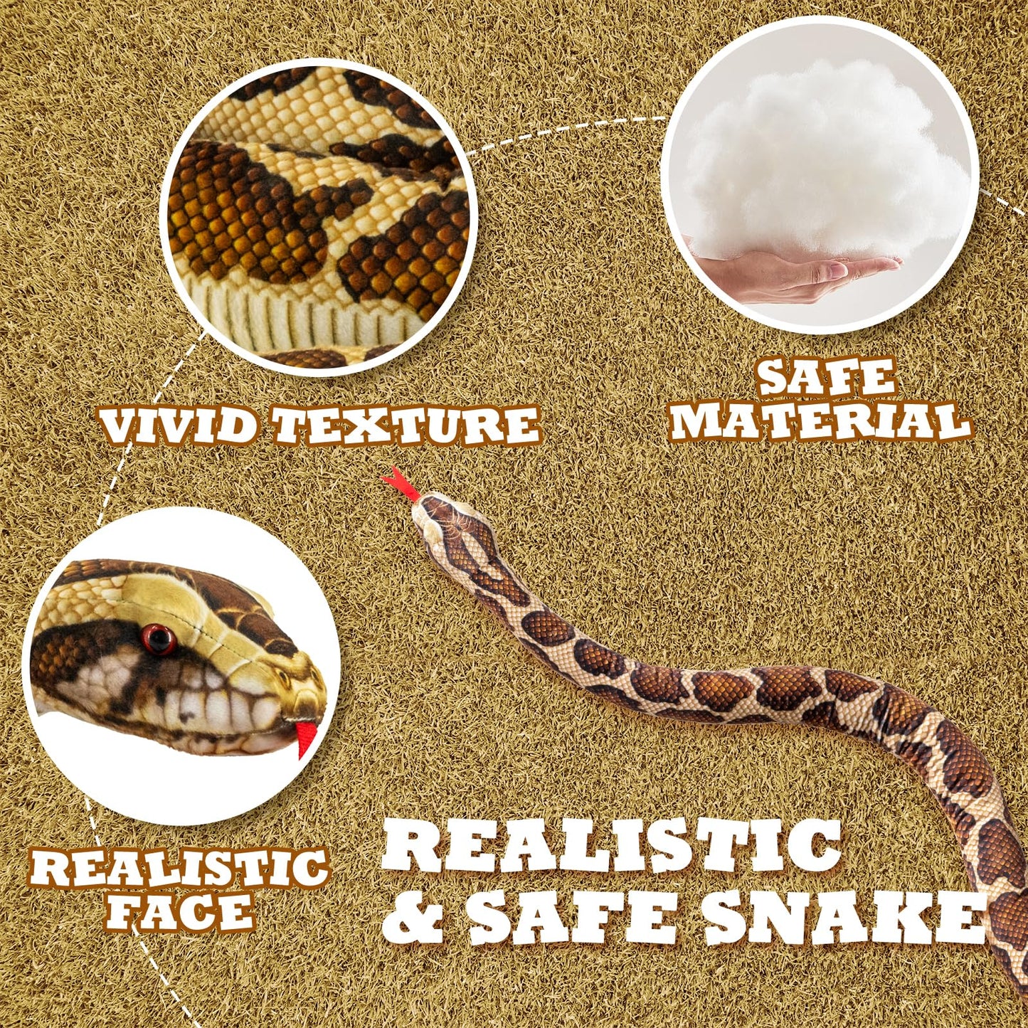 YOHAKI Giant Stuffed Snake Plush – 118 Inch Realistic Snake Toy for Kids & Adults, Machine Washable, Soft Animal Plush for Jungle Theme Decor, Birthday for Boys & Girls,Brown