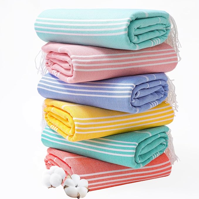 Genovega 6 Oversized Cotton Turkish Beach Bath Towel Set Bulk 74"x38" Extra Large Sand Free Quick Dry Swimming Camping Pool Clearance Towels Blanket Essentials Adult Multi Light Green Stripes