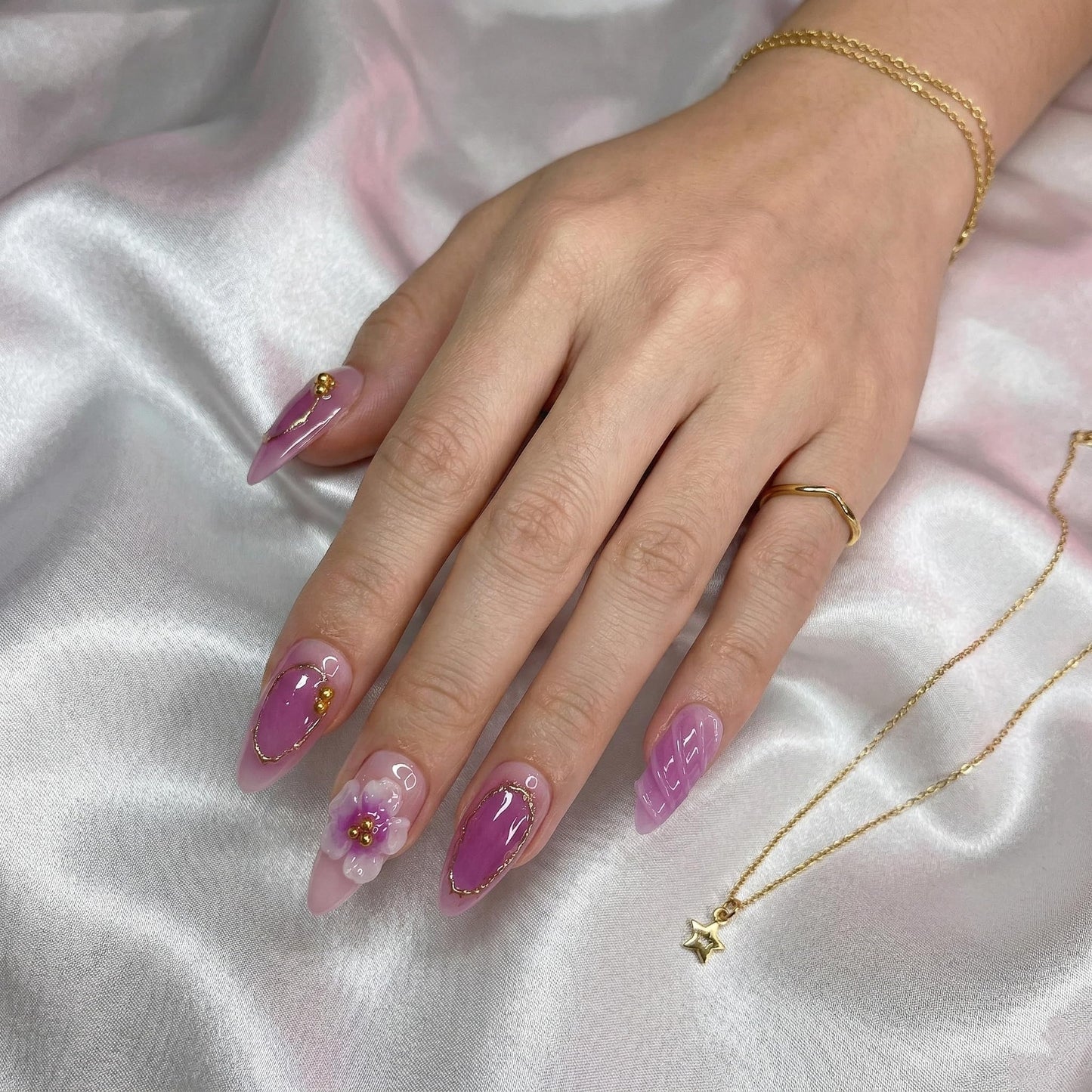 Almond Press on Nails Medium Fake Nails Pink Acrylic Nail Press ons SEENEEY Purple 3D Flowers Gold Charm Designs Cute Beach Stick on Nail for Women 30pcs