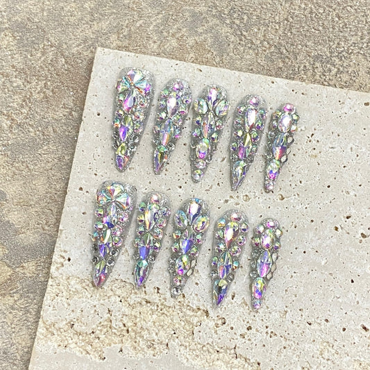 NLSJMP 3D Handmade Long Stiletto Press on Nails Almond Acrylic Fake Nails Kit,Rhinestone Luxury glitter Design Nail Art Kit,Reusable False nails,Include Toolkit,10Pcs,Size S,#986