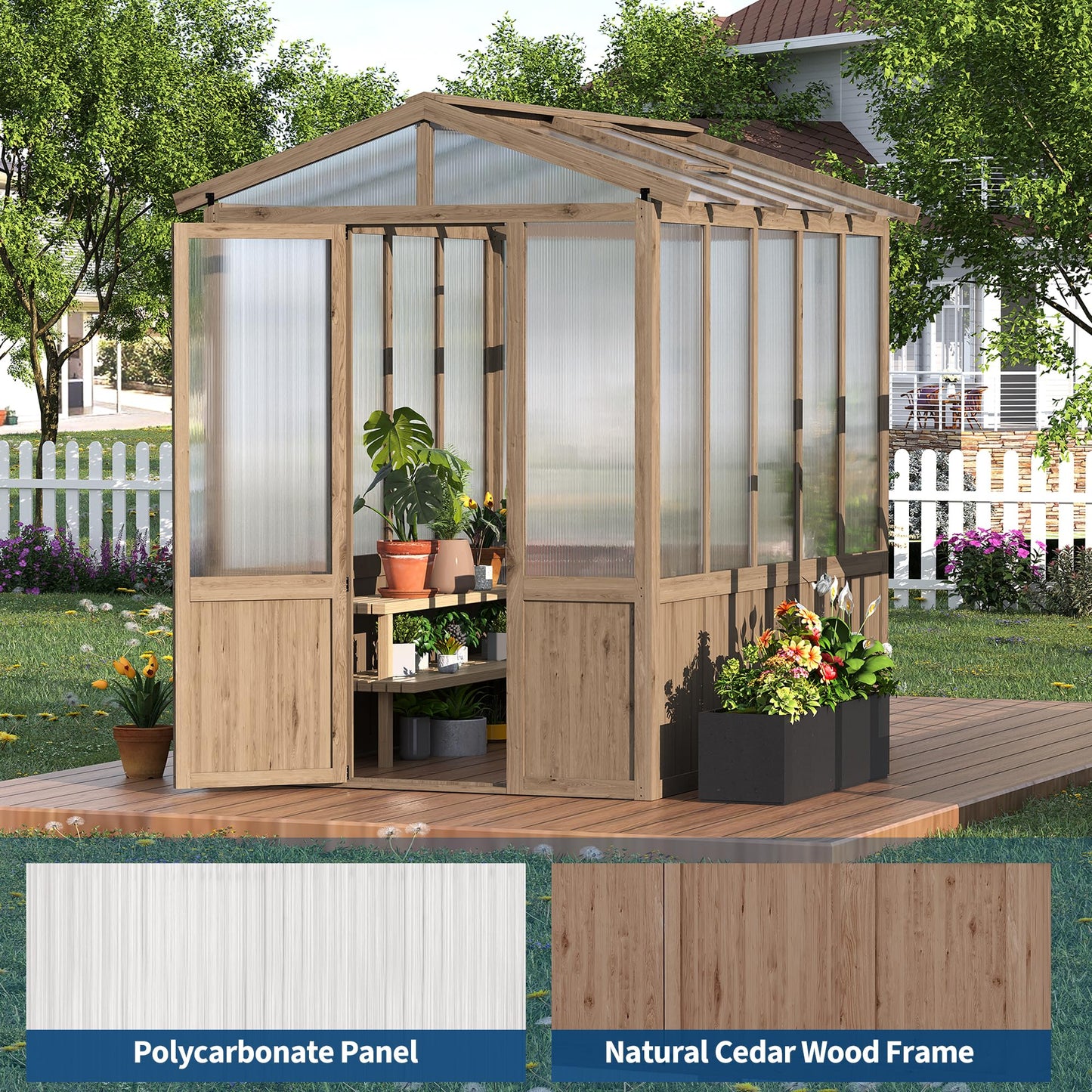 6x8FT Wooden Greenhouses for Outdoors, Wooden Walk-in Green House with Cedar Frame, Greenhouse Kit with 6MM Thick Polycarbonate Panel