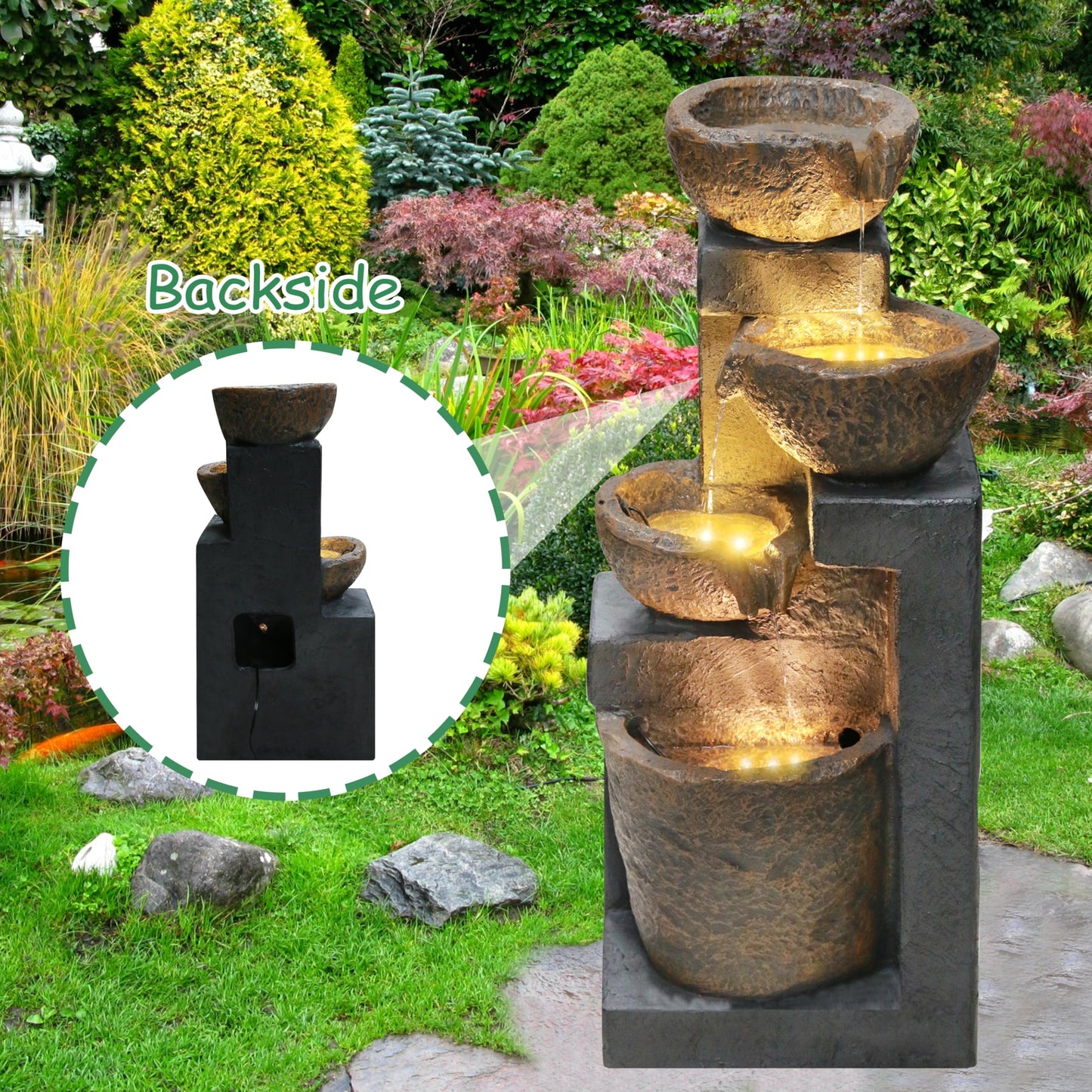 Goldshire 4-Tiers Cascading Bowls Outdoor Water Fountain with LED Light, Standing Cascading Water Feature, Faux Stacked Stones Waterfalls Fountains Decor for Garden Patio Yard and Lawn (Beige)