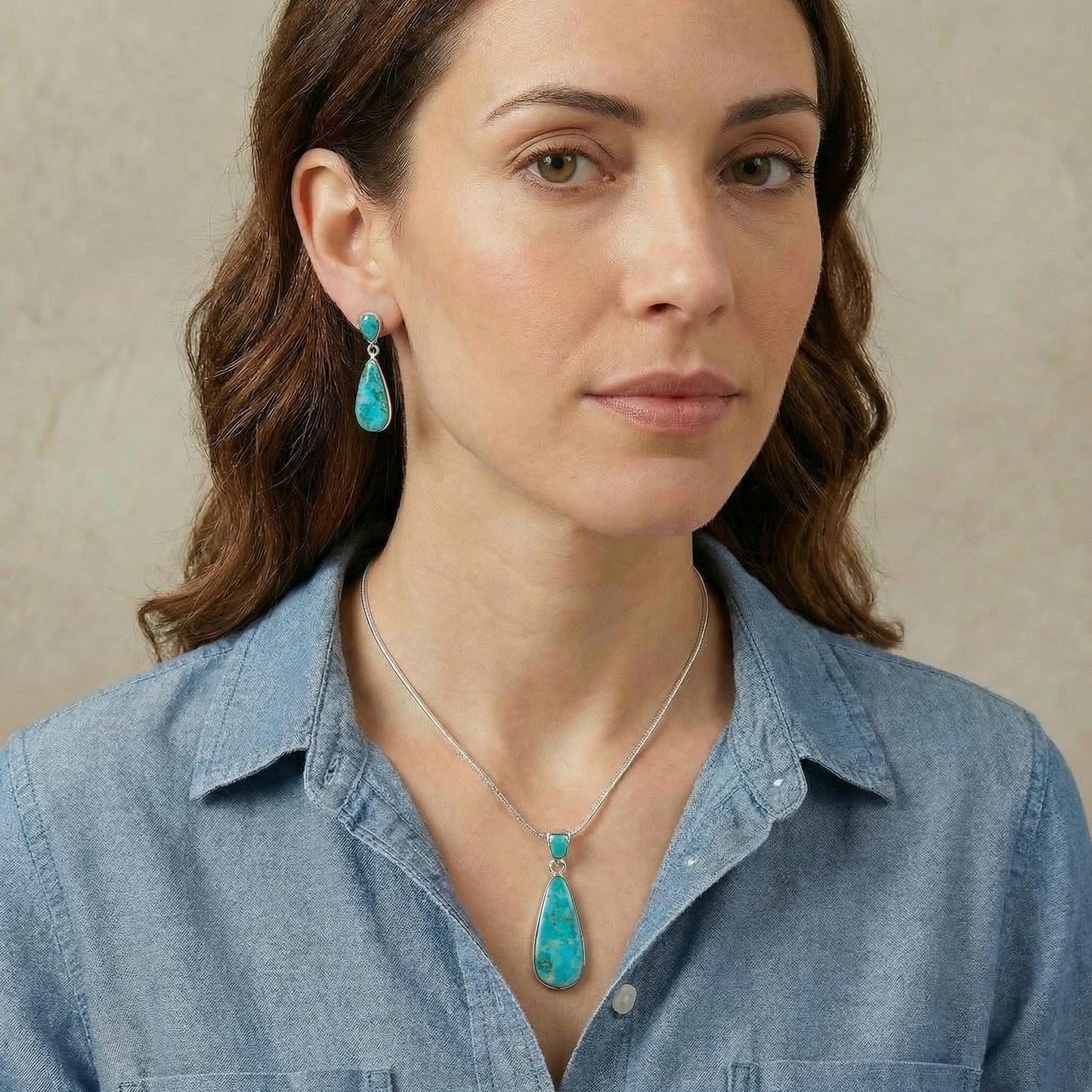 Turquoise Necklace & Earrings Set in Sterling Silver 925 with Genuine Gemstones (20” Chain)