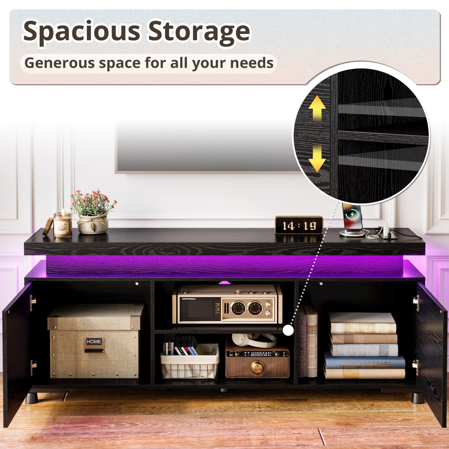 IRONCK TV Stands for TVs 65+ Inch with LED Lights and Power Outlet, Modern TV Console Entertainment Center with Storage Cabinet for Living Room