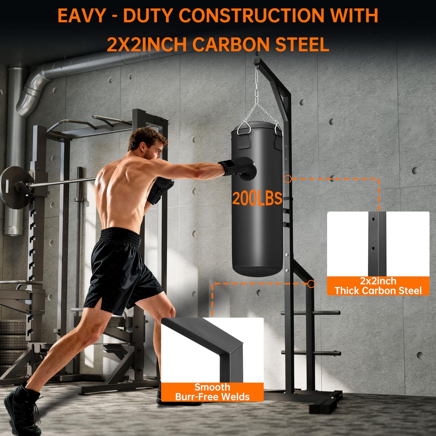 Heavy Duty Height Adjustable Heavy Bag Stand, 50 x50mm Steel Boxing Bag Stand with Weighted Base, Freestanding Punching Bag Holder for Home & Gym