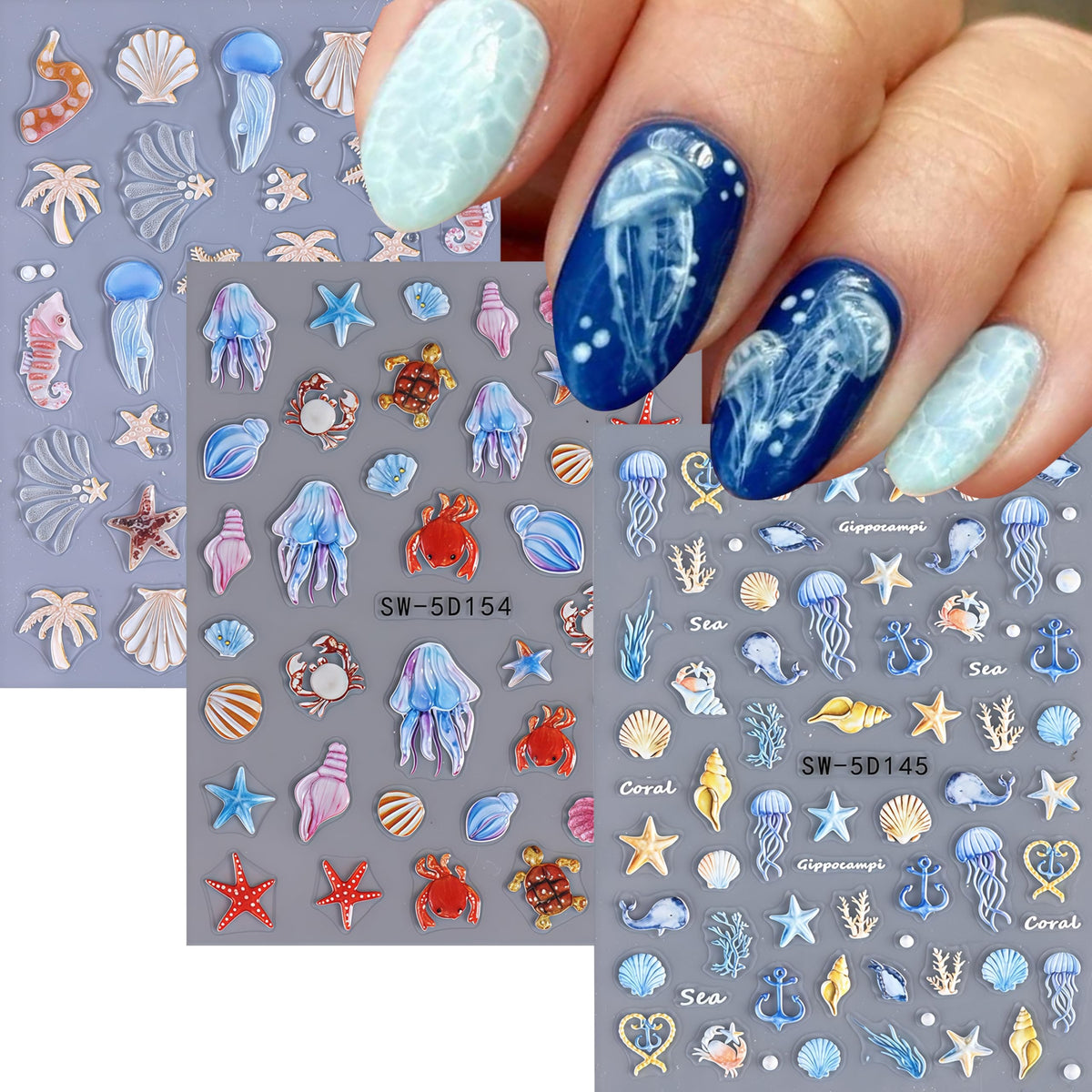 3 Pcs Summer Seashell Starfish Nail Art Stickers 5D Embossed Self-Adhesive Nail Decals Jellyfish Coconut Tree Seahorse Nail Design Summer Sea Theme Nail Supplies Marine Life Nail Decorations for Women