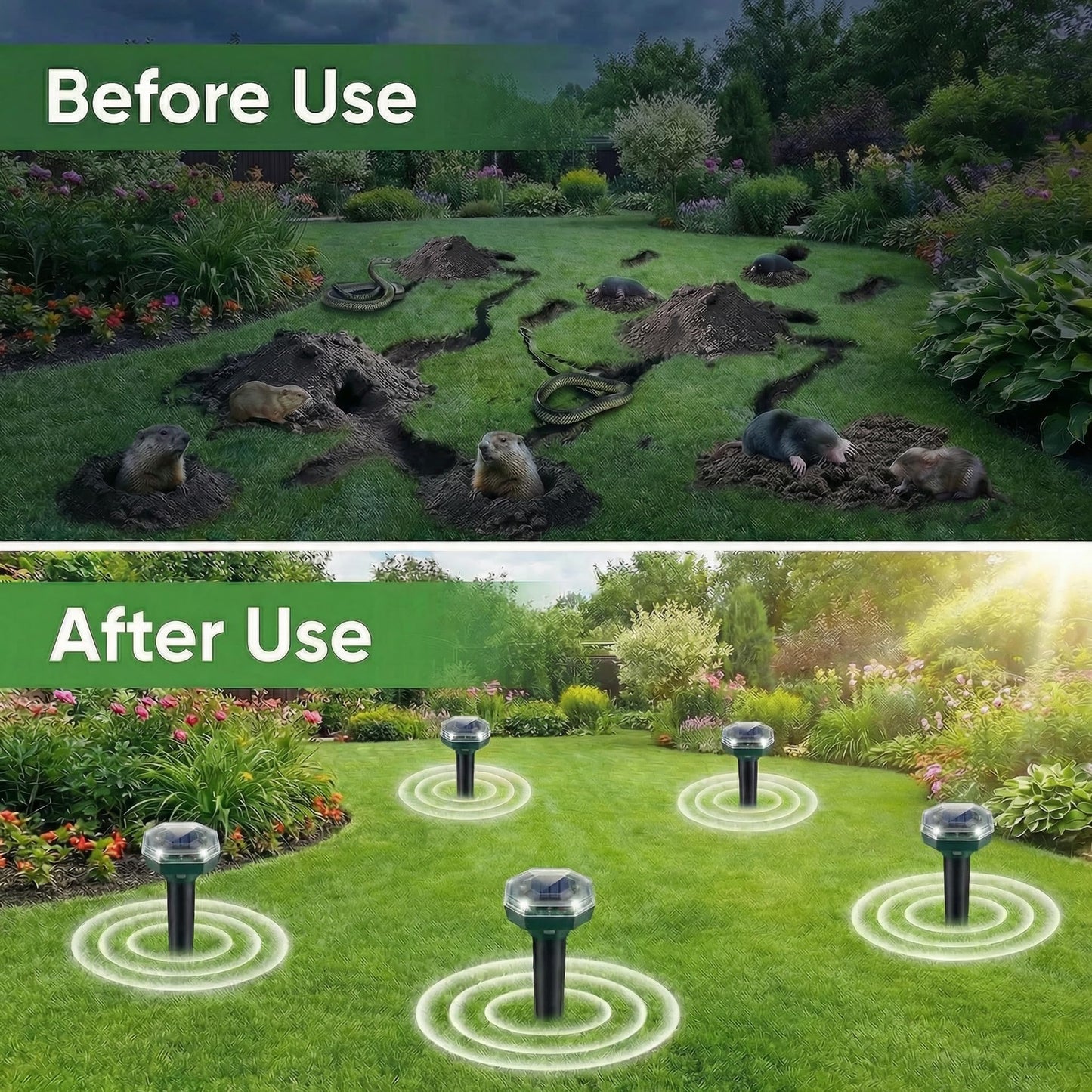 Mole Repellent Solar Powered, 4 Pack Ultrasonic Gopher Repeller, Waterproof Outdoor Pest Repellent for Moles, Gophers, Voles, Skunks in Yard, Lawn, and Garden