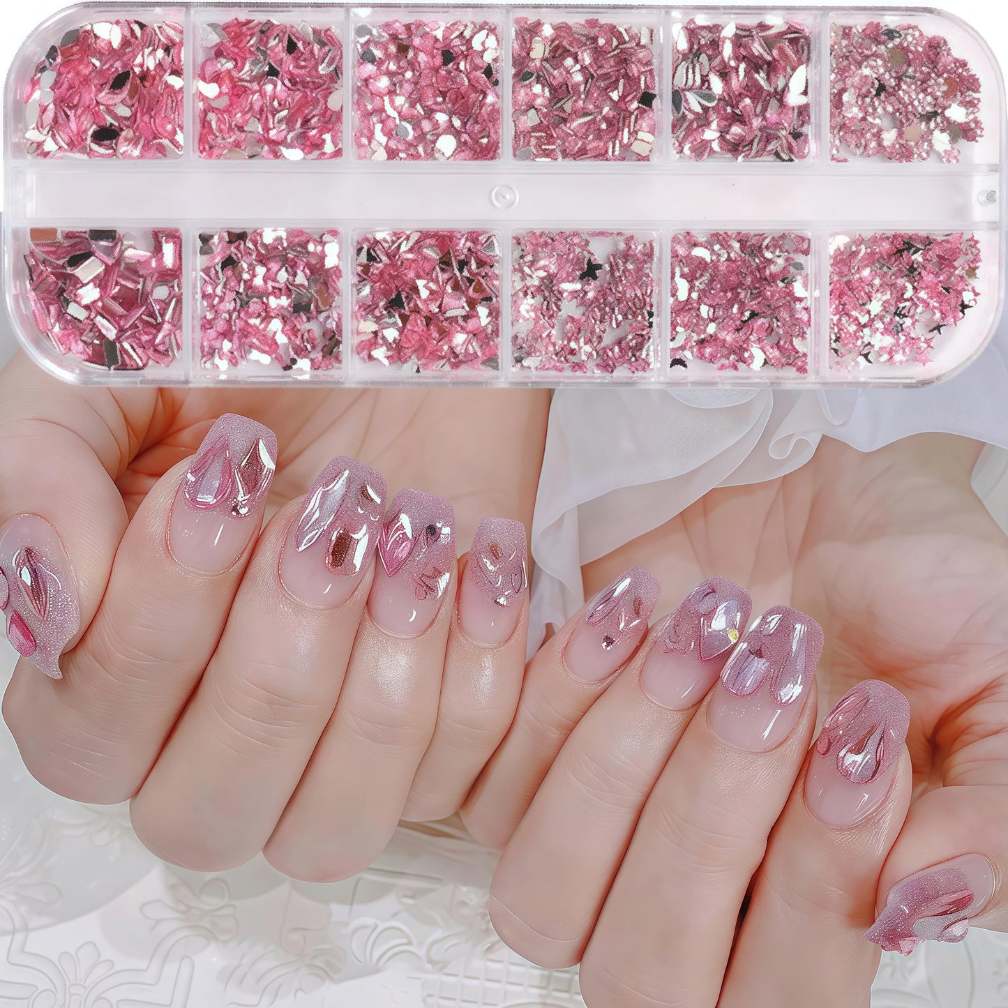 12 Grids Pink Multi Shapes Nail Charms Bow Knot Nail Rhinestones Love Water Drop Design Nail Art Charms Acrylic Nail Art Accessories Crystal Flatback Shiny Nail DIY Decoration Women