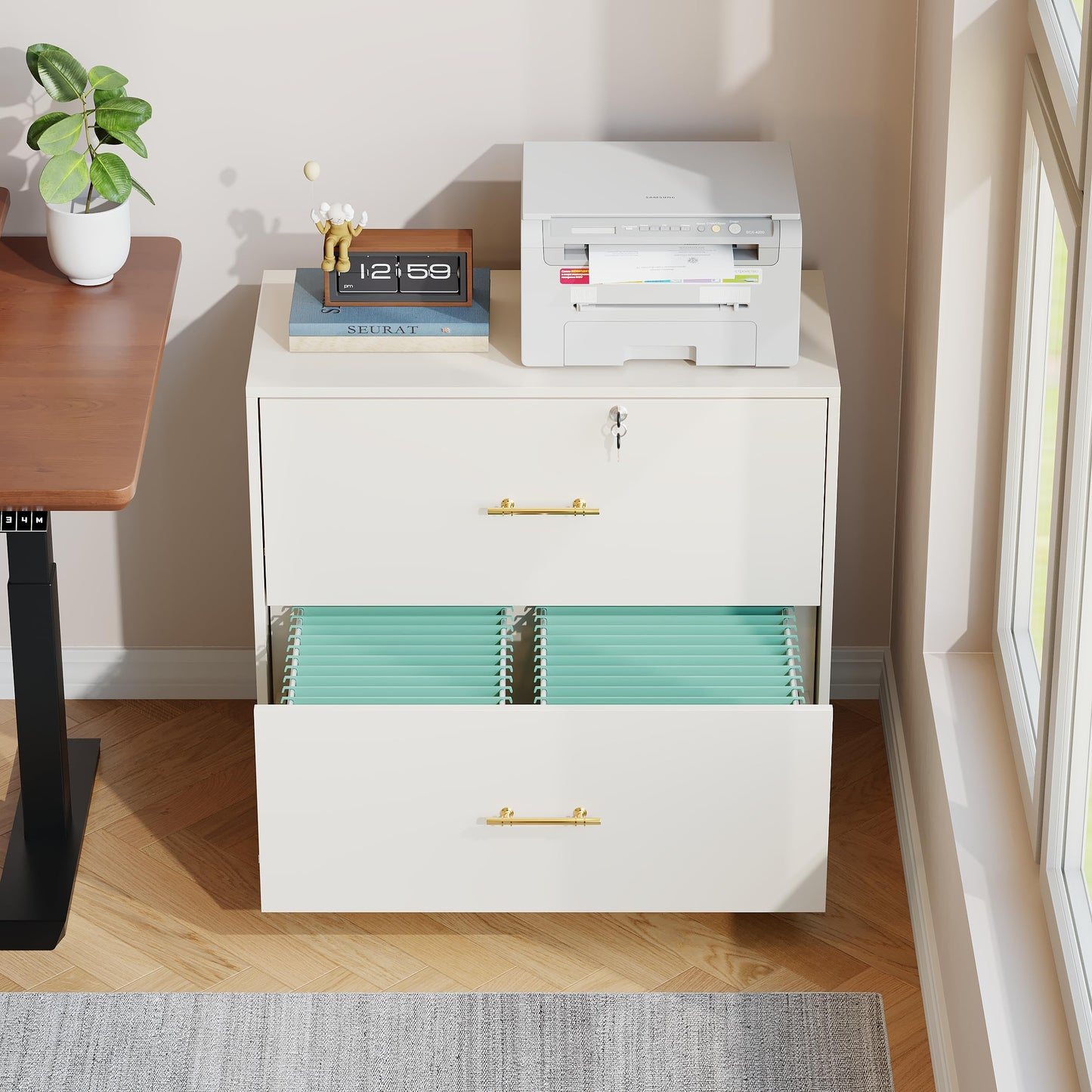 GFGWXW 2 Drawer Lateral File Cabinet with Lock, Suitable for Letter/A4/F4/Legal Size Hanging Files,Large Wood Filing Storage Cabinets Printer Stand for Home Office,White