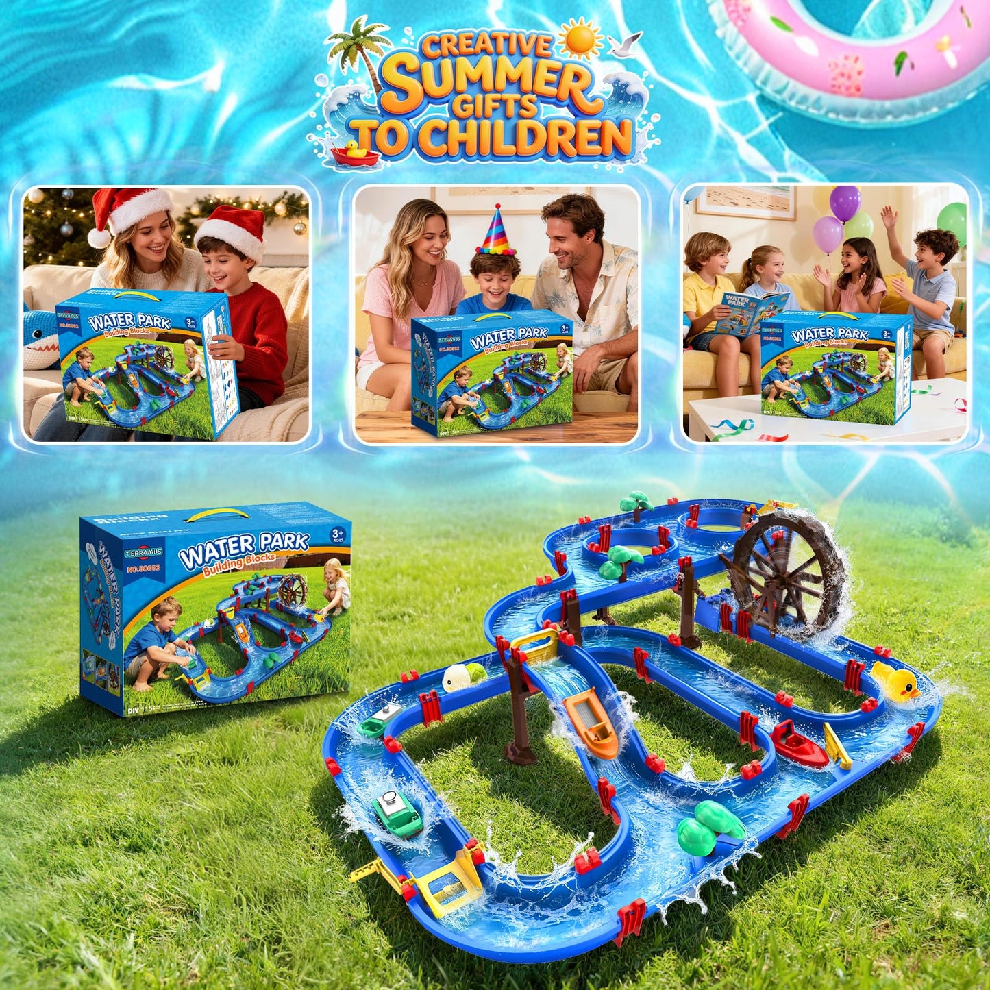 TERRAMUS 2-Tier Water Table Toys with Watermill for Kids, Upgraded Large 115PCS Water Park Playset, Summer Toys DIY Waterways for Backyard Beach Pool Lawn,Outdoor Toy for 3-5 4-8, Gifts for Boys Girls