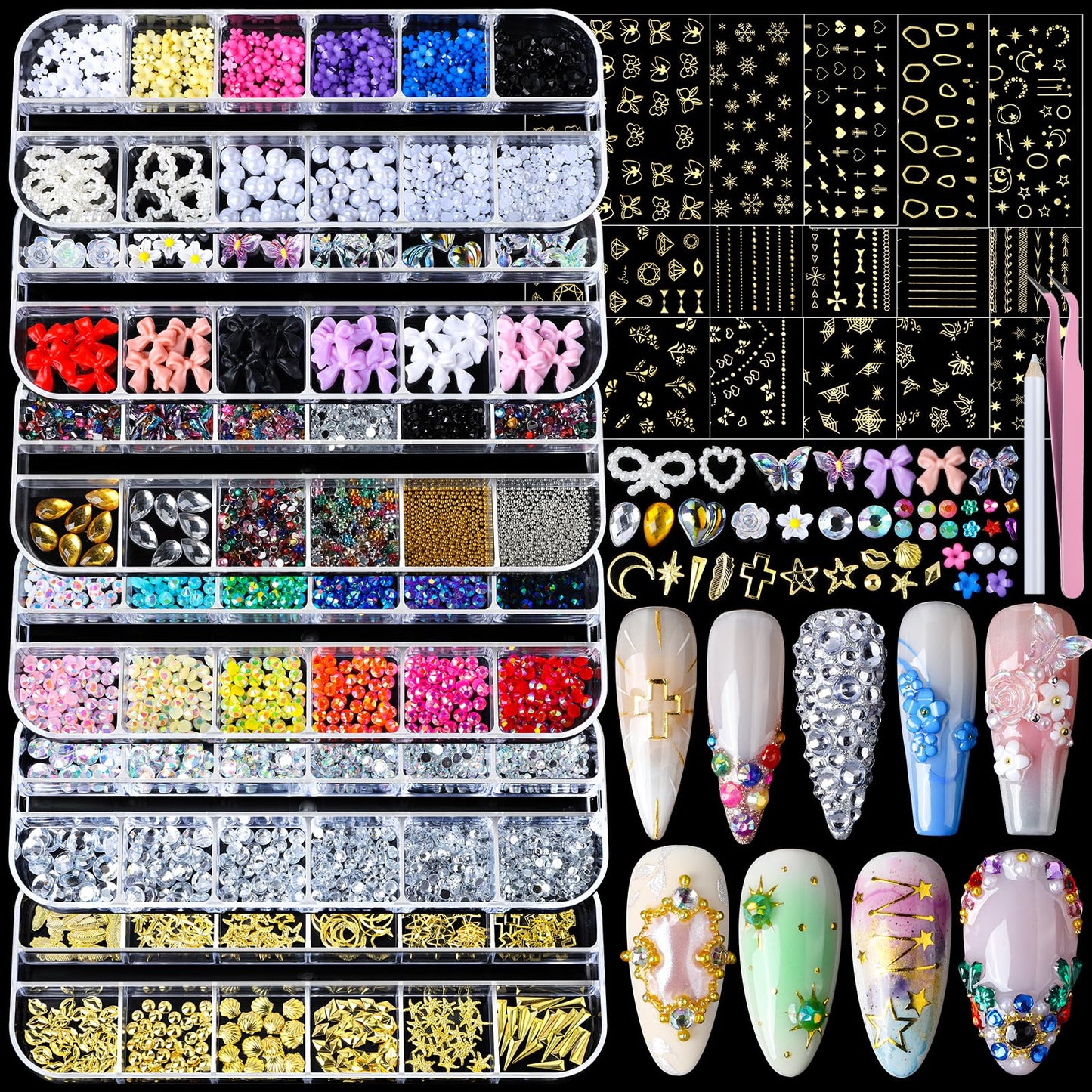 Teenitor Nail Charms Nail Gems with 15 Sheets Gold Nail Stickers, 6 Boxes of Rhinestones for Nails Art Tools, 3D Nail Decals Pearls for Nails