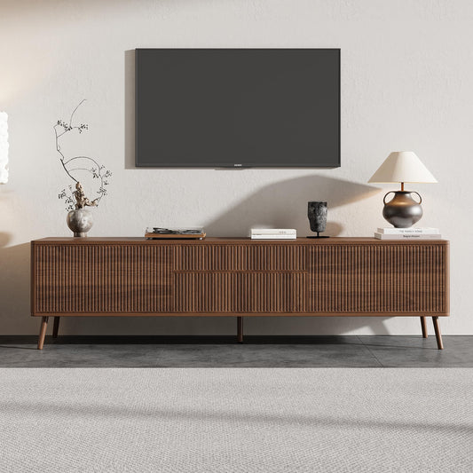 Merax 70 inch Fluted TV Stand with Storage Drawers and Cabinets for TVs up to 80", Modern Entertainment Center with Cable Management, Solid Wood Legs, Soft-Close Hinges, for Living Room, Walnut