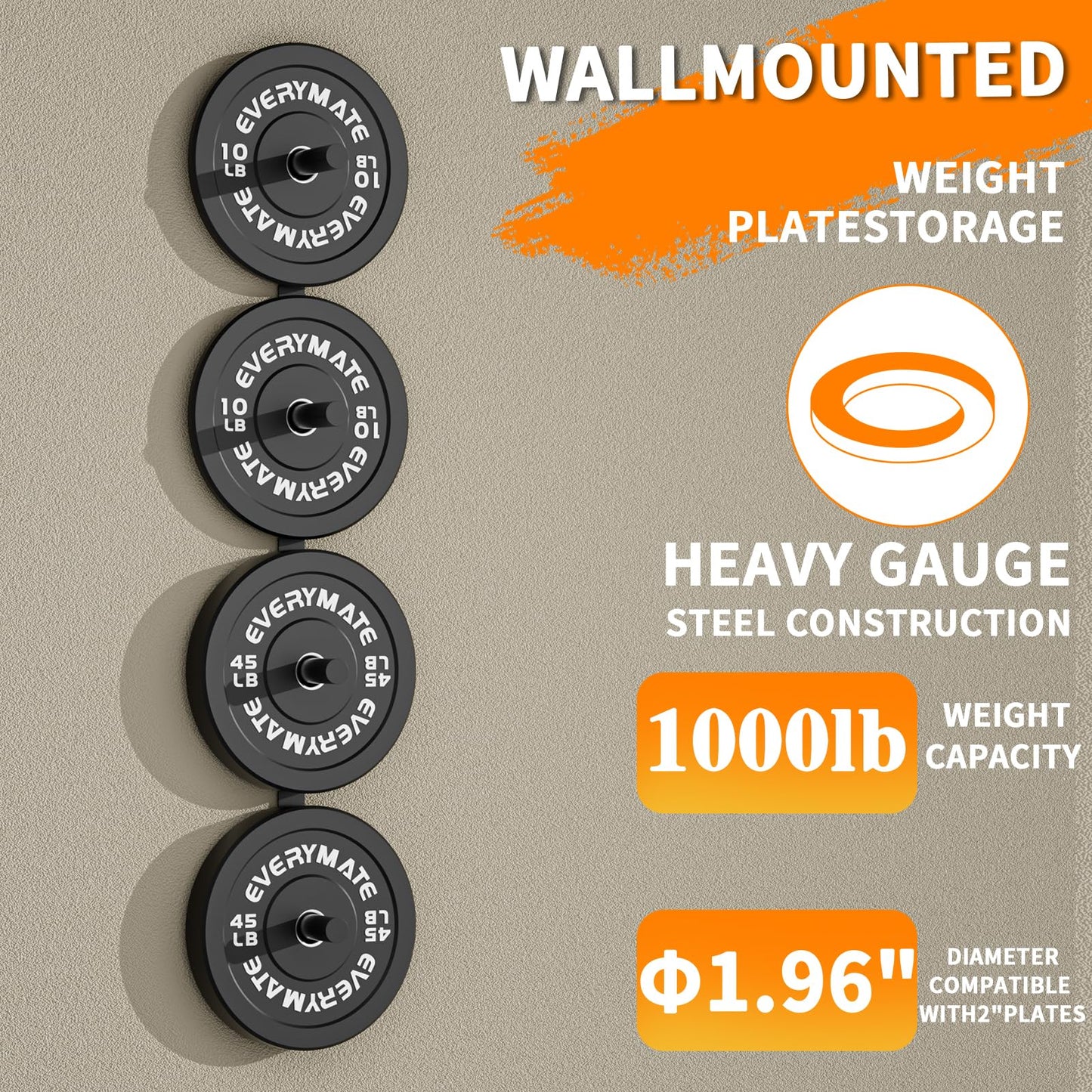 EVERYMATE Weight Plate Storage Rack, Wall Mounted Weight Plate Holder, Bumper Plate Storage for Home Gym, Heavy Weight Plates Holder Fit 2"Plates (4peg)"