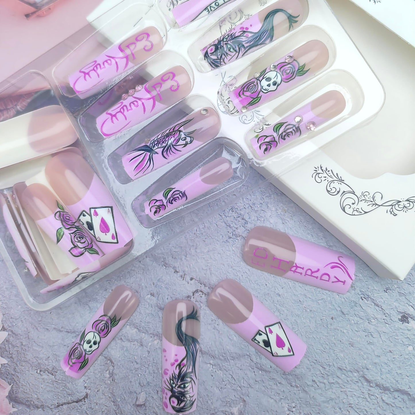24Pcs Pink French Tip Press on Nails Long Coffin Fake Nails with Hand-drawn Koi Rose Skull Design Y2K Glue on Nails Manga Style False Nails Handmade Full Cover Stick on Nails for Women Manicure Decor