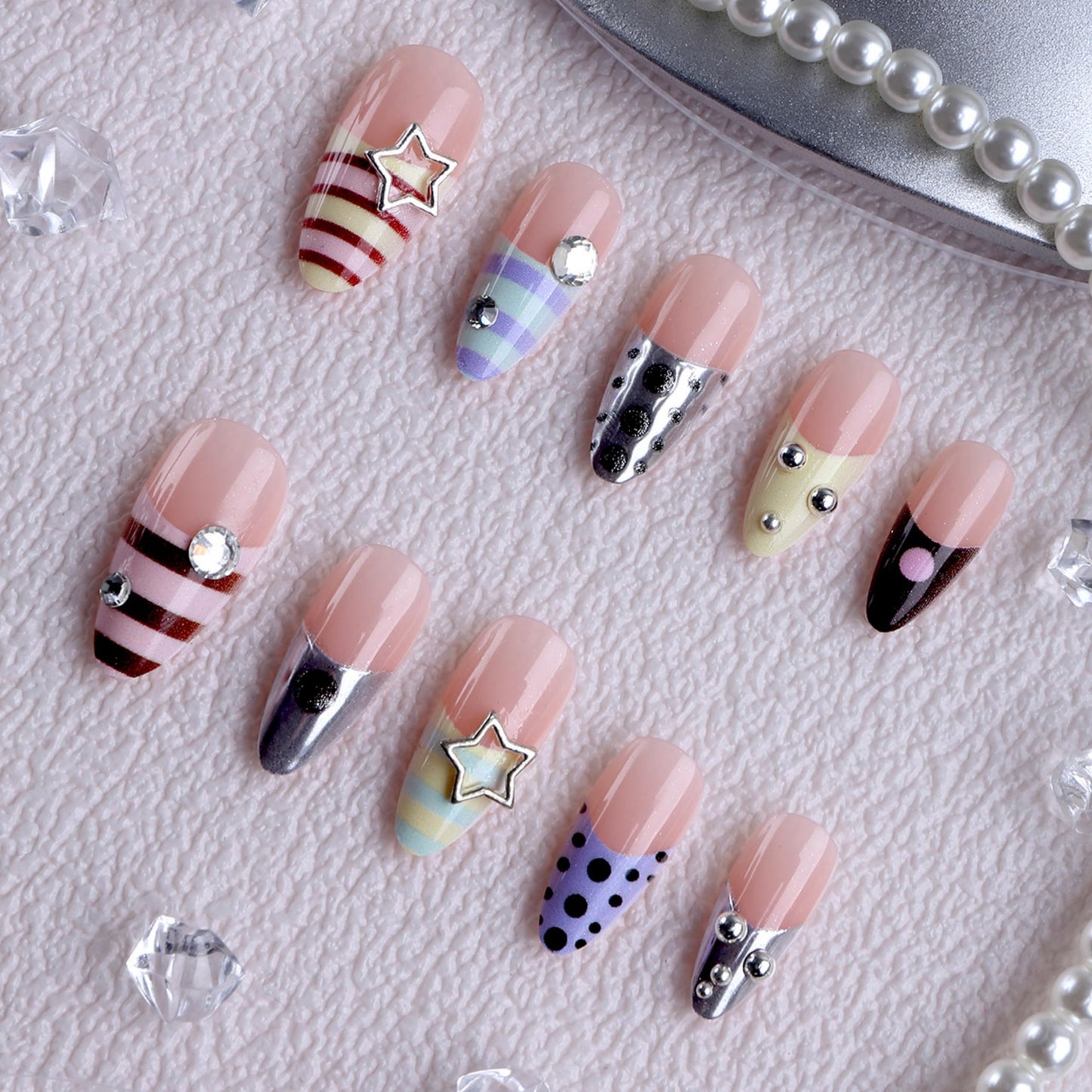 Long Press on Nails Almond Fake Nails Acrylic Nail Press ons Seeneey Silver Charm Y2K Rhinestones Designs Beach Stick on Nail for Women 24pcs