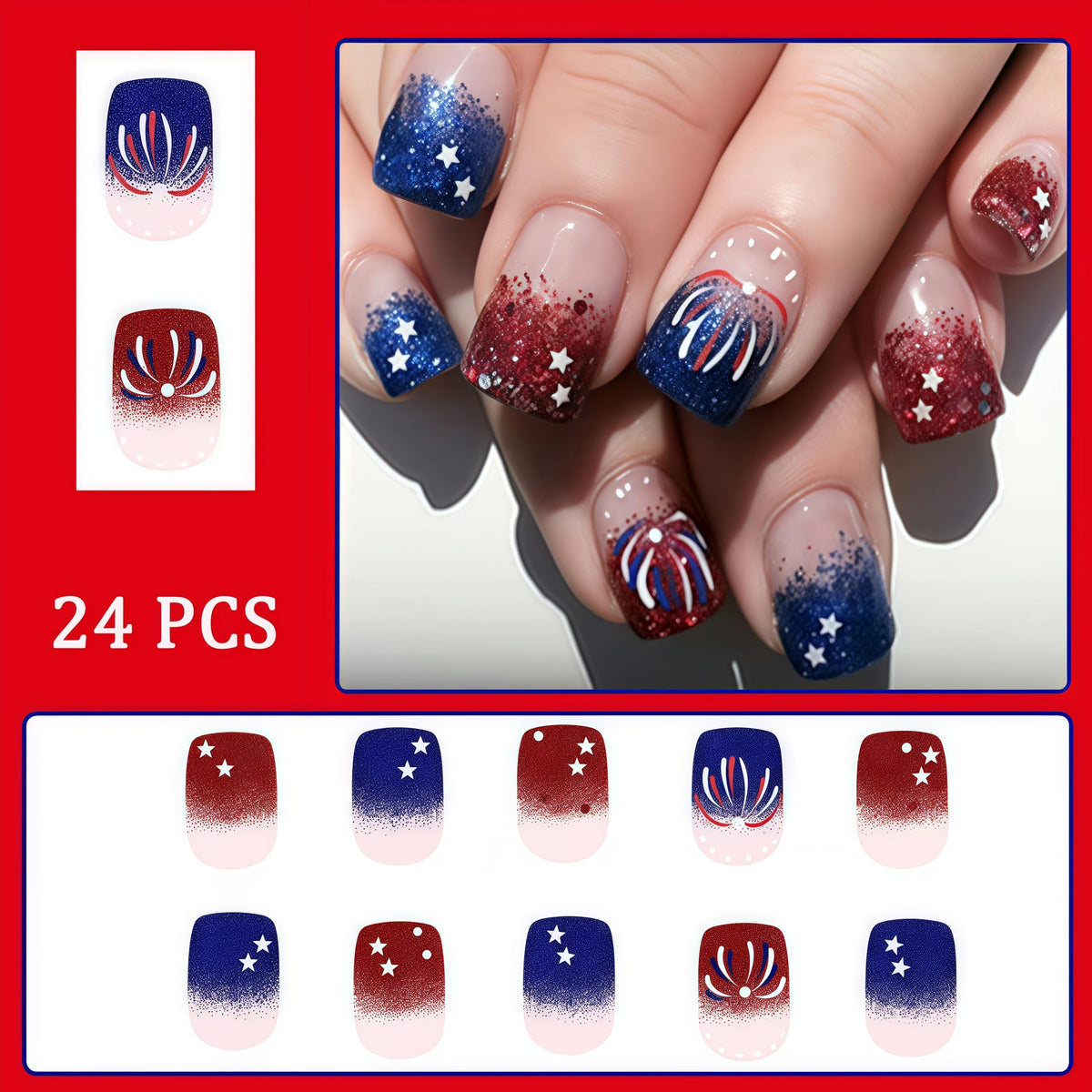 4th of July Glitter Fireworks Press on Nails Short Square Fake Nails Independence Day French Tips Design False Nails Full Cover Glossy Patriotic Stars for Women Decoration 24Pcs