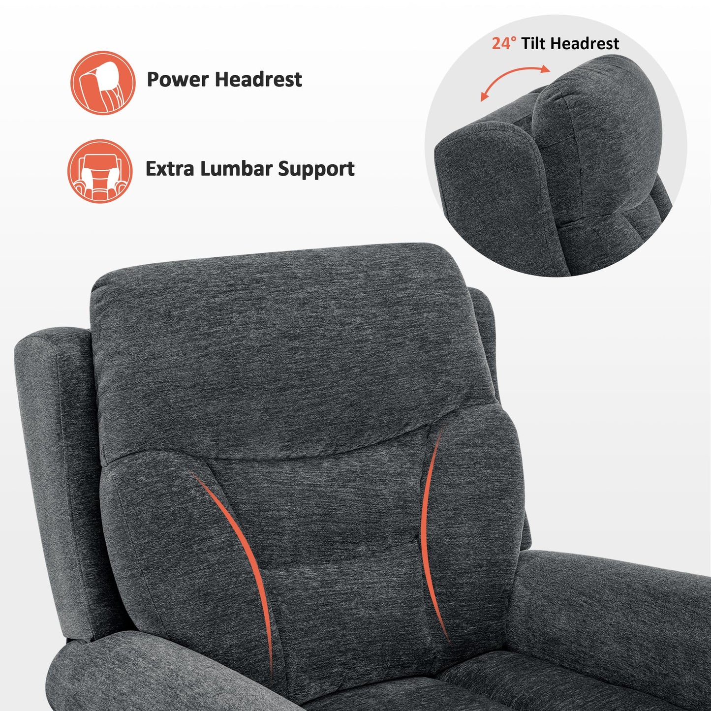 MCombo Triple Motor Power Lift Recliner Chair with Massage and Lumbar&seat Heating, Rolled Arms, Adjustable Headrest for Elderly People, Fabric 7888 (Dark Grey, Medium)