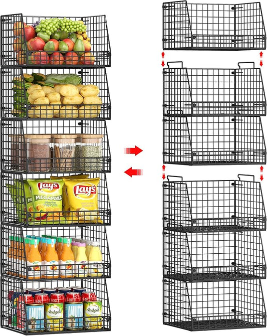 Jakyitvi Stackable Wire Baskets for Pantry,6 Pank Metal Pantry Organizer Storage Bins for Kitchen Snack, Fruit, Potato, Onion & Vegetable Storage, Wire Baskets for Pantry Organization
