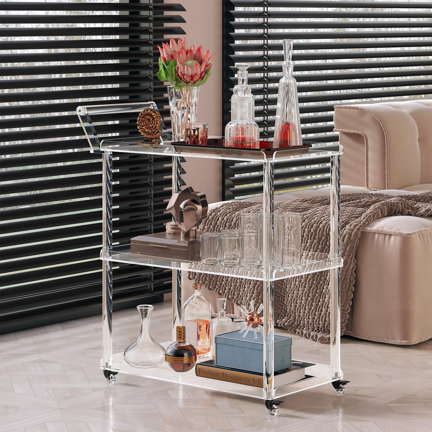 Dethan Acrylic Bar Cart with Lockable Wheels, Rolling Serving Cart with Pulling Handle, 3-Tier Clear for Home Bar, Kitchen, Living Room, Portable Beverage Space-Saving Modern Acrylic Trolley