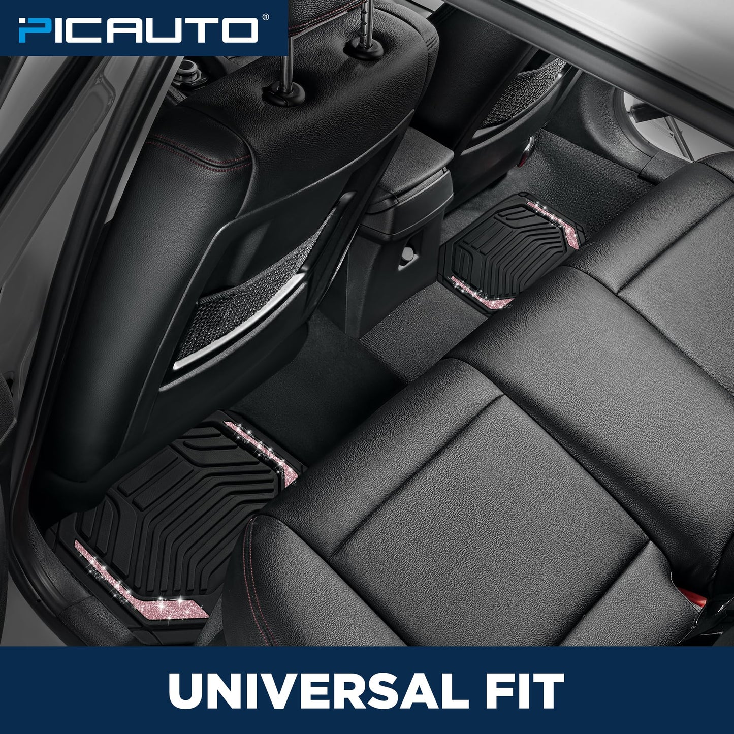 PIC AUTO Car Floor Mats, Pink Sparkly Crystal Bling Glitter Car Mats Set, Front and Rear Heavy Duty Rubber Car Mats with Anti-Slip Backing, All Weather, Trim-to-Fit for SUVs, Trucks, Sedan, Vans