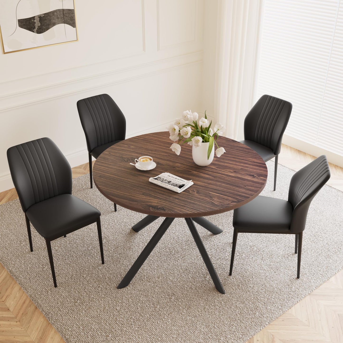 HIPIHOM 45.3'' Walnut Round Dining Table Set for 4, Mid Century Modern Small Coffee Set for Dining Room Kitchen Apartment (Dark Walnut Table + 4 Black Chairs)