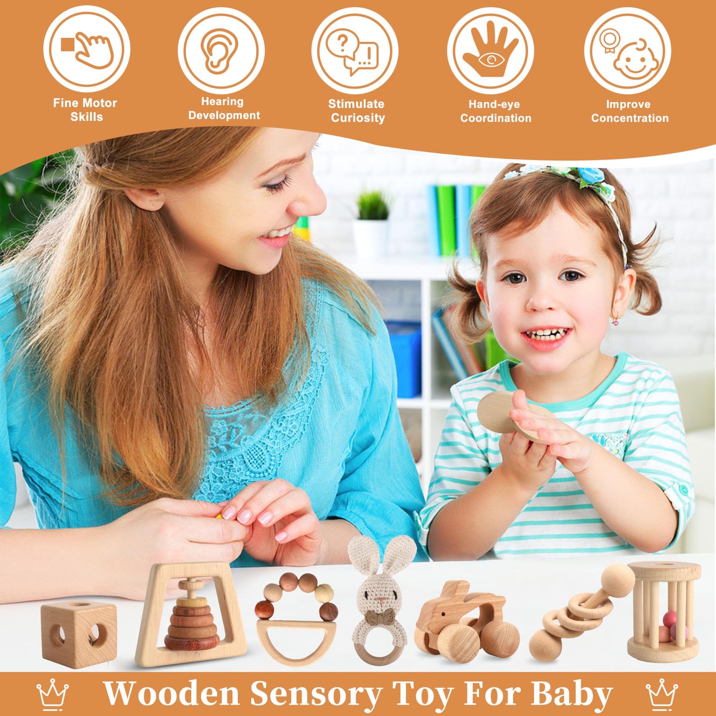 Wooden Toys for Babies, 7PCS Wooden Baby Rattle for 7-24 Months Boys Girls, Natural Wood Montessori Toys Set with Crochet Rabbit Rattle for Infant Grasping, Gift for Baby