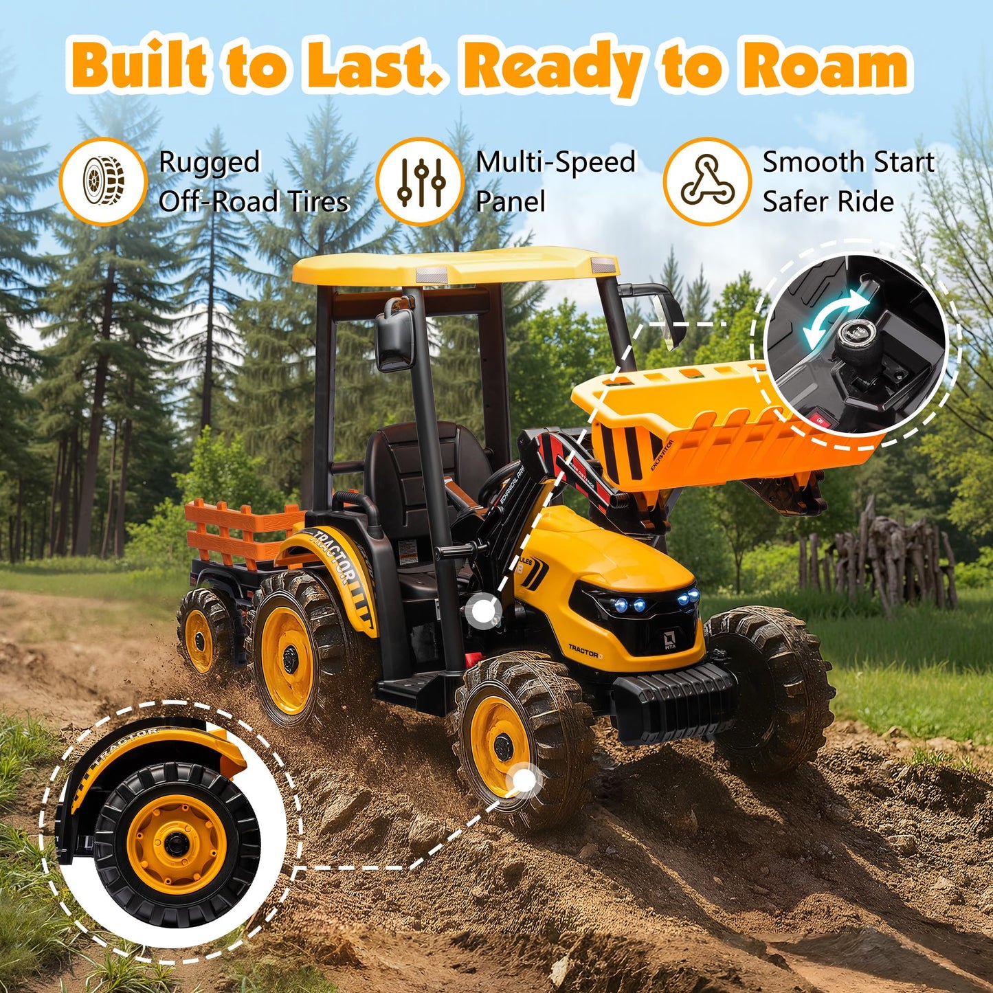 Albott 24V Ride on Tractor for Kids with Trailer & Front Loader, 3-in-1 Electric Construction Vehicle, Dual Motors, All-Terrain Wheels, LED Lights, Outdoor Gift for Boys Girls Ages 3-8 (Yellow)