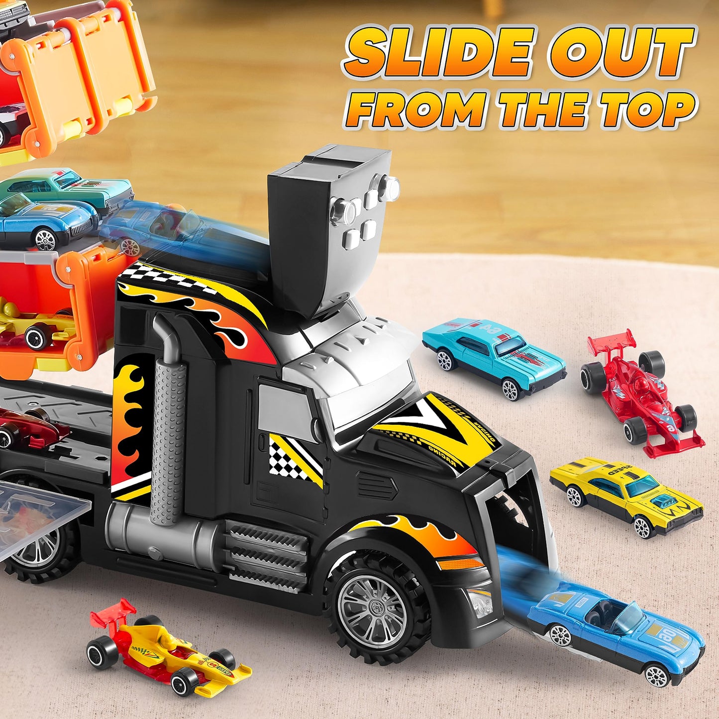 JOYIN Toy Truck for Kids, Race Toy Cars, 60" Extra Long Race Track and 12 Die-Cast Metal Cars, Toddler Carrier Truck with Lights & Sounds, Christmas Birthday Gifts for 2 3 4 5 6 7 Years Old Grandkids