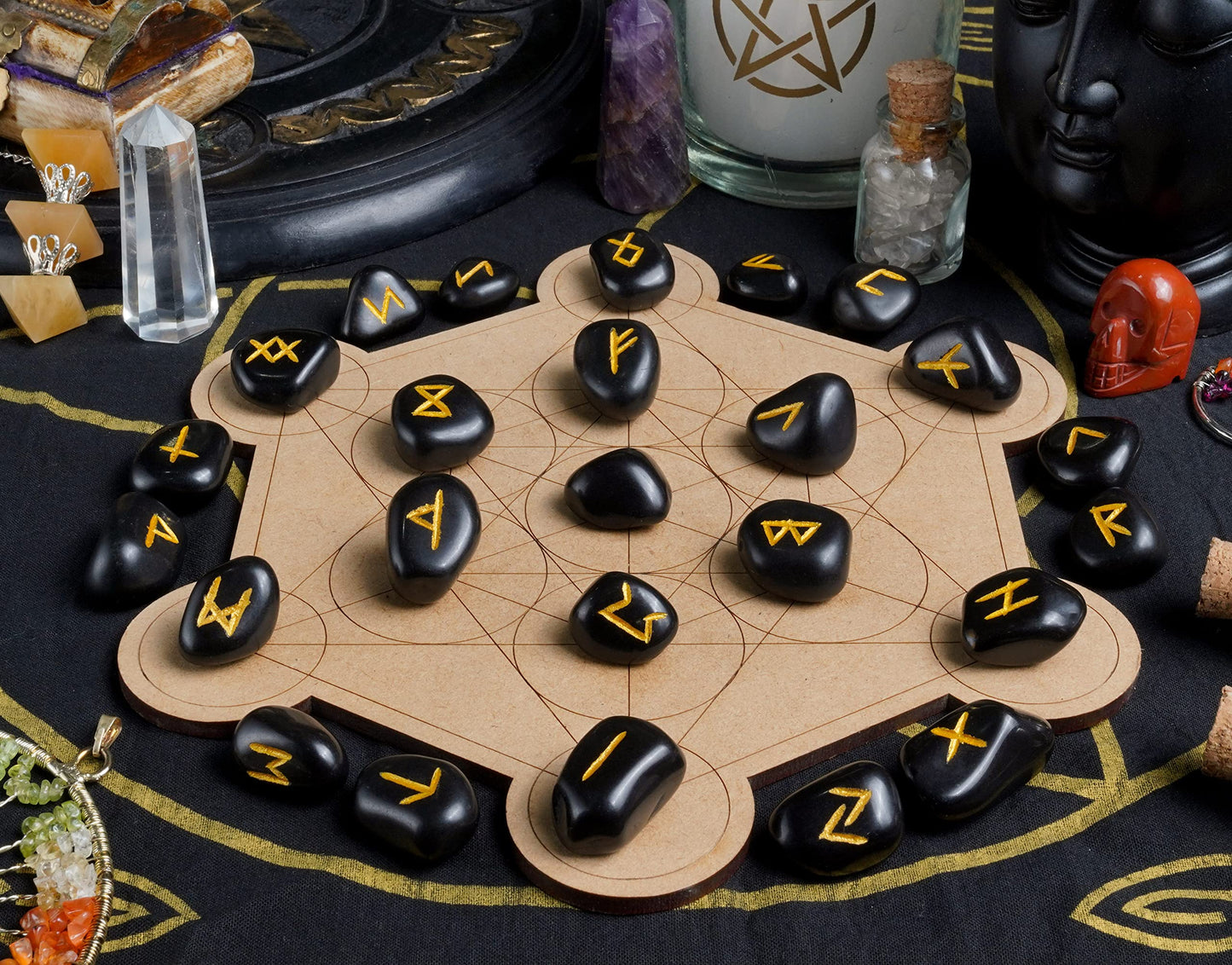 Crocon Black Obsidian Rune Stones Set Engraved with Elder futhark Crystal Runes Set, Reiki Healing runas for Meditation Chakra Balancing, Rune Stone for Beginners with Crystal Guide & Pouch |15-20 mm
