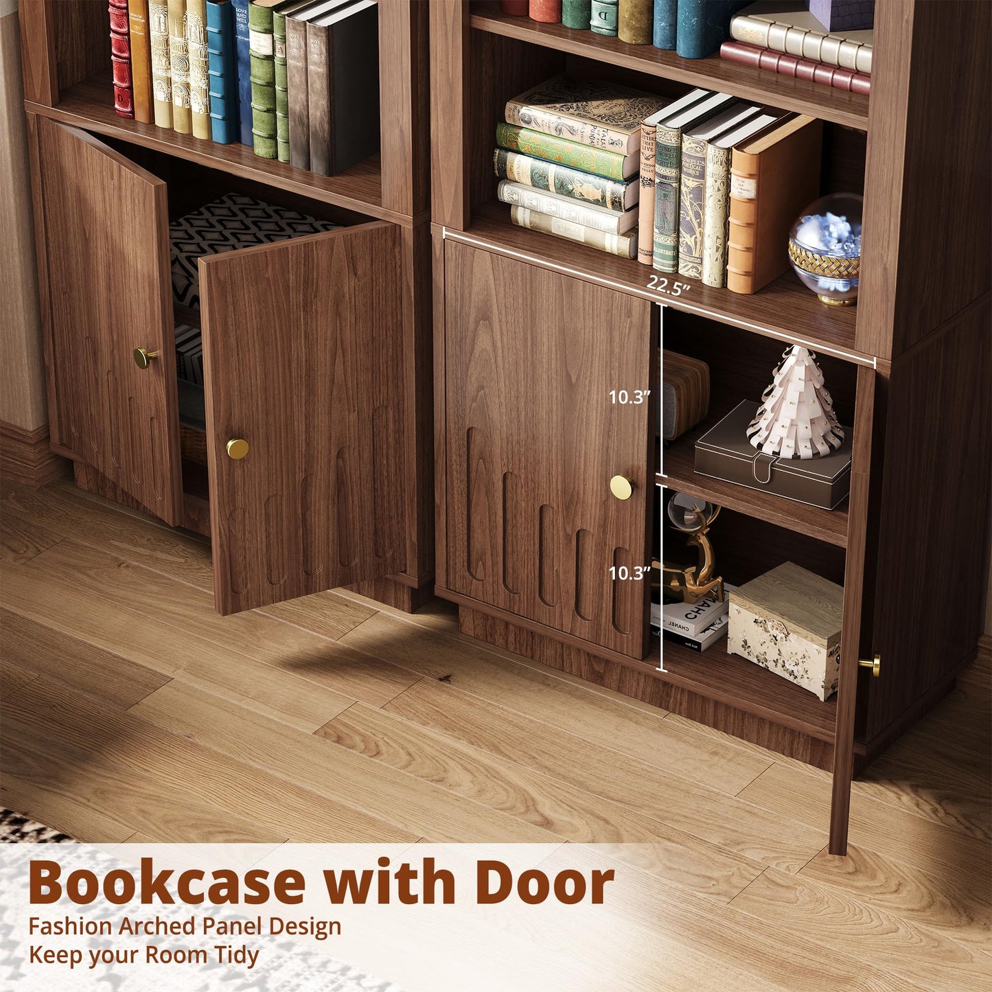 IRONCK Book Shelf and Bookcases with Doors Floor Standing 6 Shelf Display Storage Shelves, 70.8" Tall Bookcase for Home Office, Living Room, Mid-Century Modern, Walnut Brown