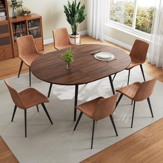 HIPIHOM 43.3"-59.1" Extendable Round Dining Table Set for 6, Mid Century Modern Wooden Round Table, Leisure Coffee Table,w/ 6 PU Leather Chairs