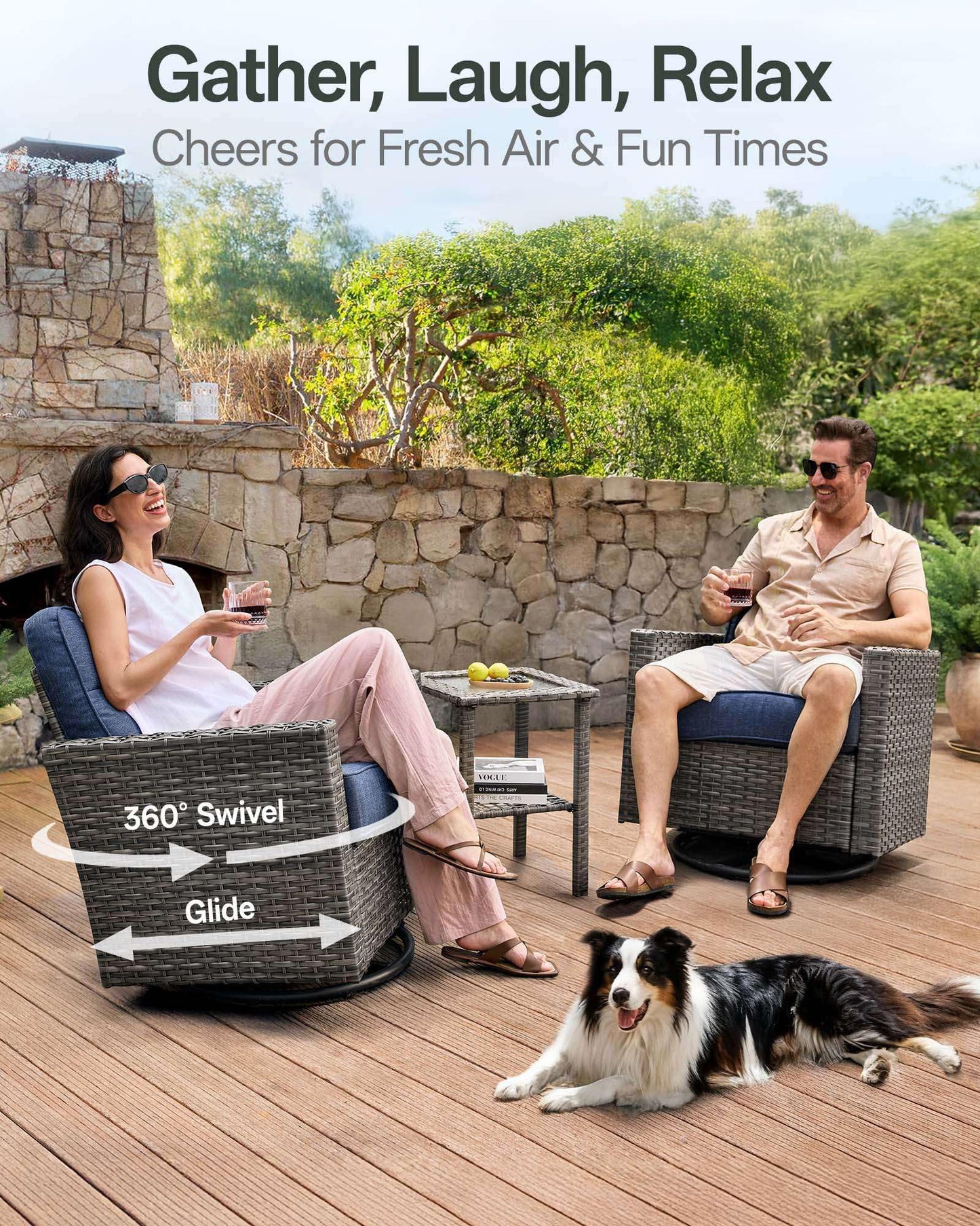 NUSBAY Luxury 7-Piece Patio Furniture Set with 6-Inch Thick Cushions, Outdoor Couch and Swivel Rocker Chairs, Wicker Conversation Set for Porch, Deck, Yard, Pool in Blue