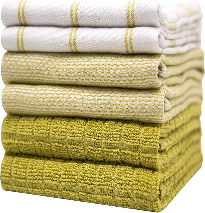 Premium Kitchen Towels (20âx 28â, 6 Pack) | Large Cotton Dish Towels | Flat & Terry Highly Absorbent Kitchen Linen Set with Hanging Loop | Lime Green Check