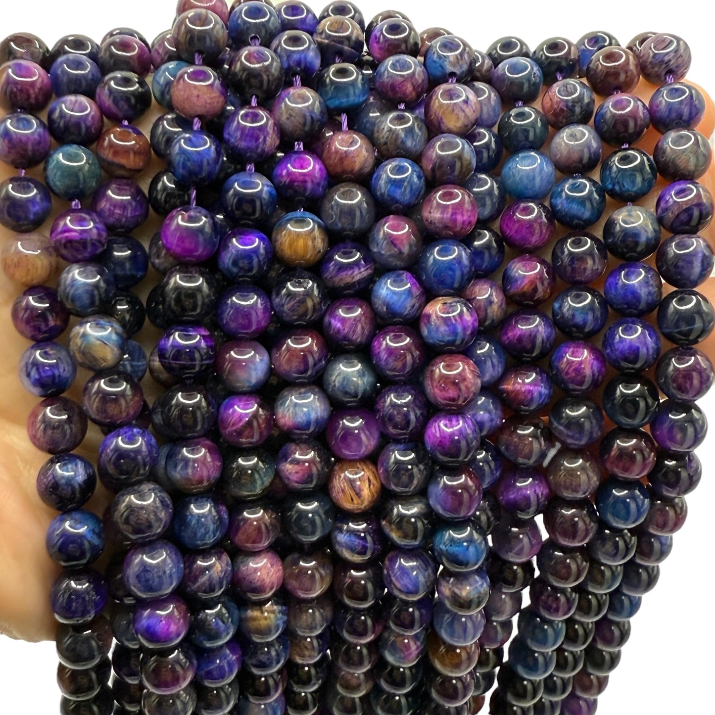 ABCGEMS High-Flash Galaxy Tiger Eye Beads from Africa (Blend of Blue & Purple Hues that Mimic The Beauty of The Galaxy) Smooth Round 10mm