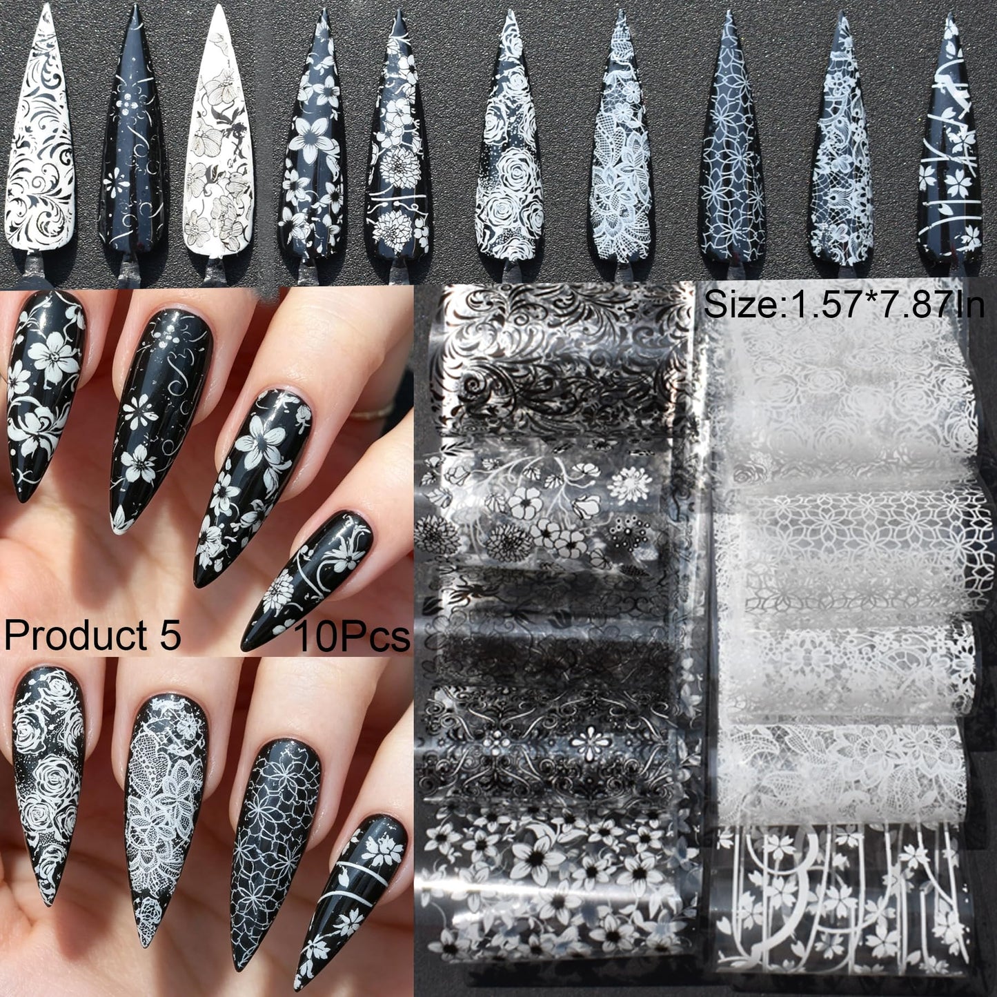 58 Sheets Nail Art Transfer Foil Stickers, 1.57x7.87In Flower Lace Holographic Nail Foil, Iridescent Floral Lace Nail Decals for Women Girls DIY Nail Art Decorations