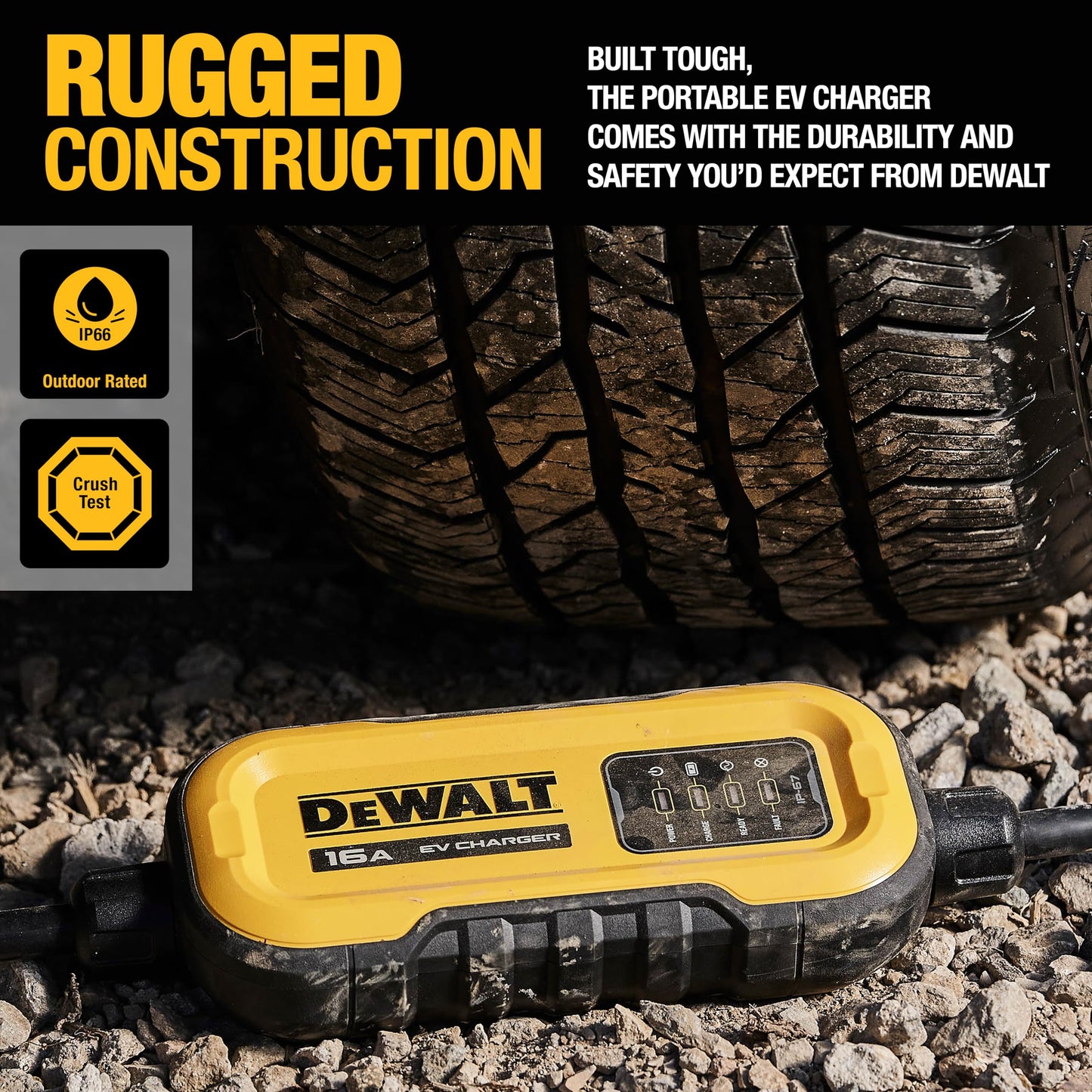 DEWALT Level 1 & 2 Portable Electric Vehicle (EV) Charger, 16 Amps, 120-240V, CSA Certified Indoor/Outdoor, NEMA 6-20 with 5-15 Adapter Included, 25 ft. Cable, 2024 Model