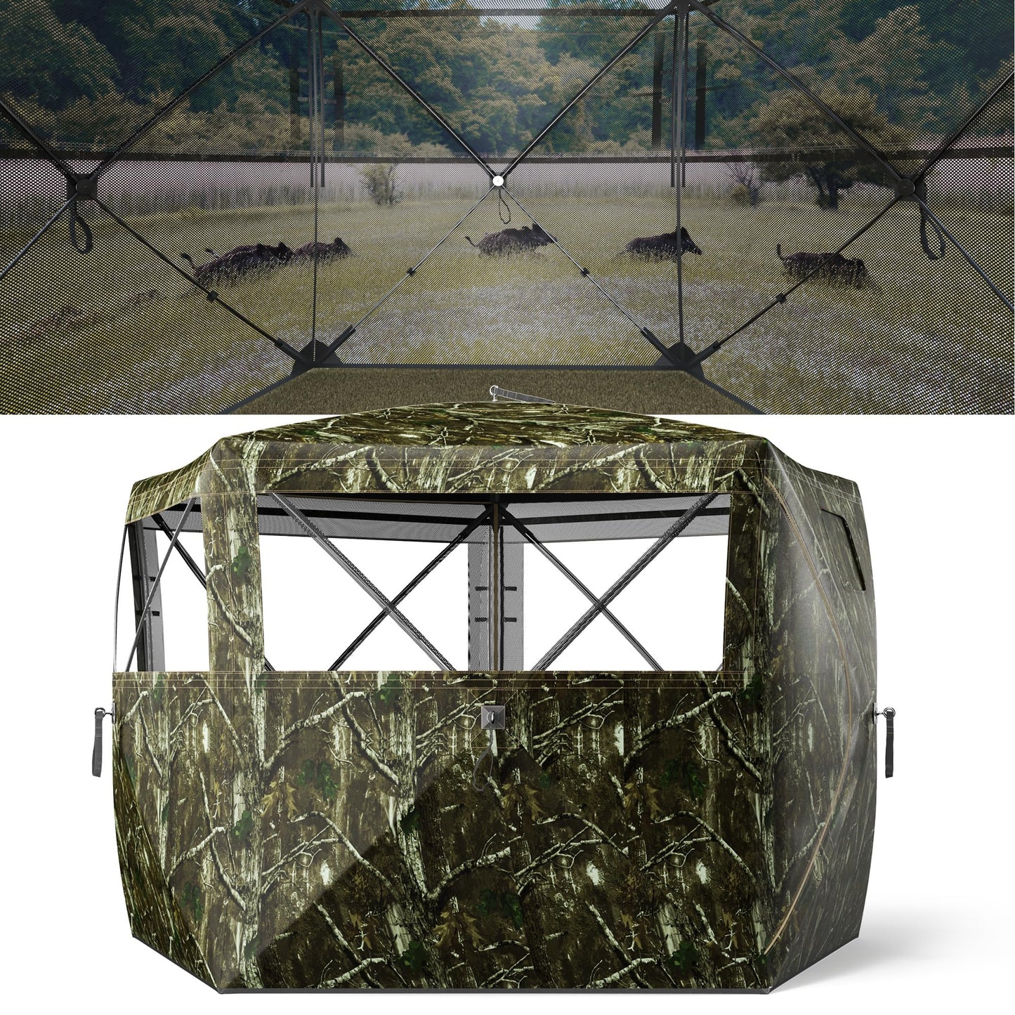 5-Sided Hunting Blind, 3-4 Person Pop Up Blinds 288 Degree See Through, Portable Durable Hunting Ground Blinds for Deer Hunting(Swing Door)