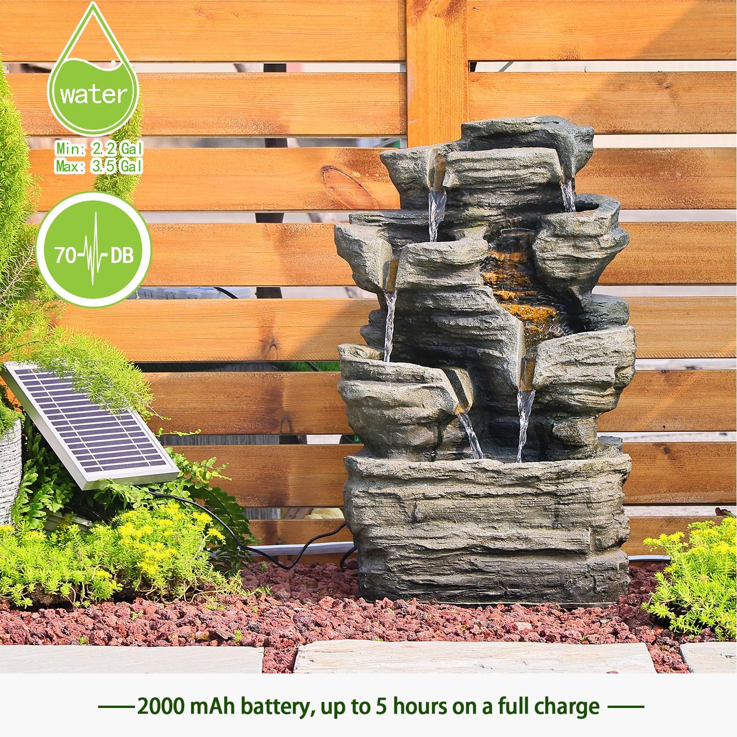 Bumilgar 6 Tier Cascading Rock Solar Water Fountain Outdoor Garden Waterfall Decor for Garden, Patio, Backyard, Deck, Porch and Home Art Decor,24.4" H Outdoor Fountain with LED Lights