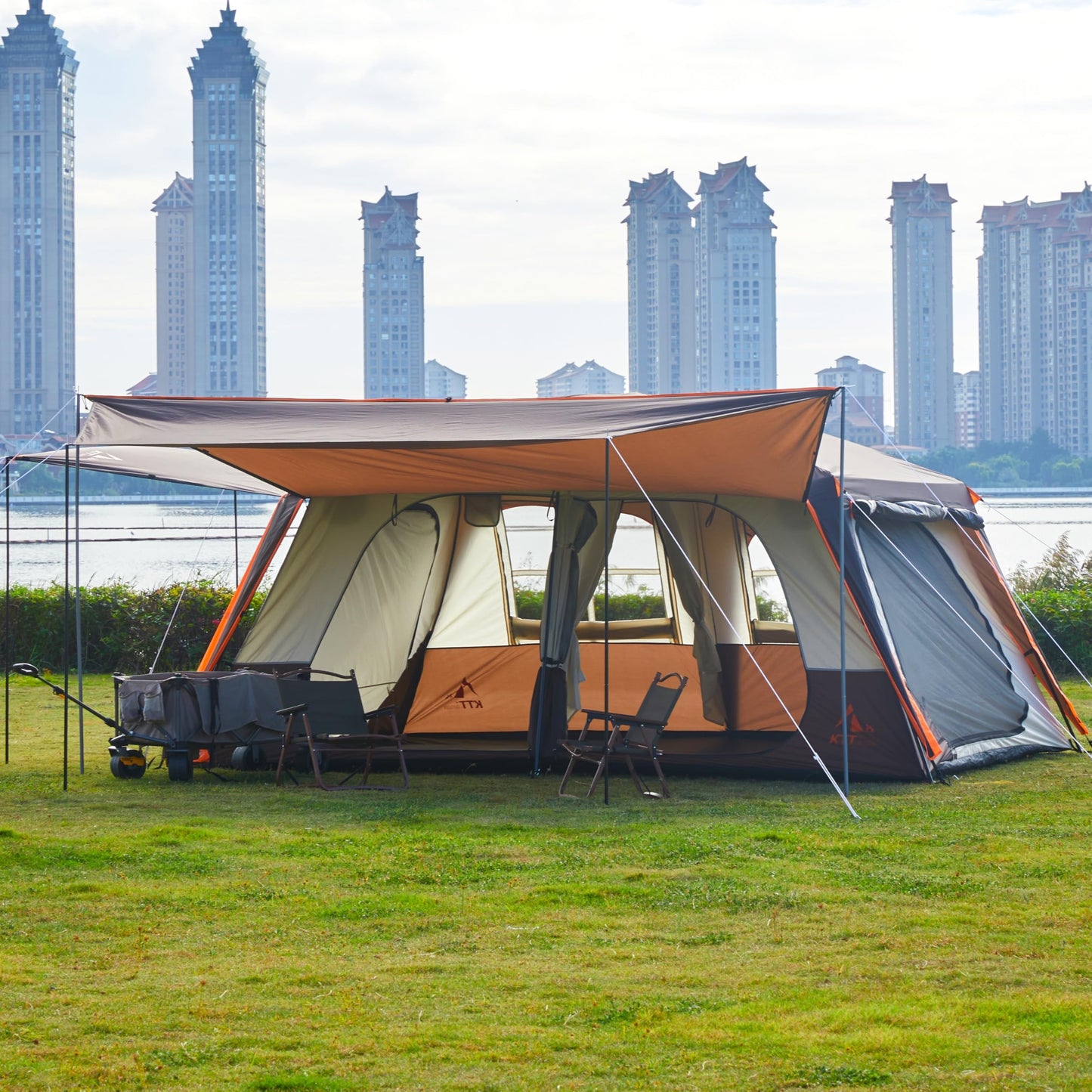 KTT Extra Large Tent 12 Person(A),Awning Family Cabin Tents,2 Rooms,4 Doors and 4 Windows with Mesh,Straight Wall,Waterproof,Double Layer,Big Tent for Outdoor,Picnic,Camping,Family Gathering(Brown)